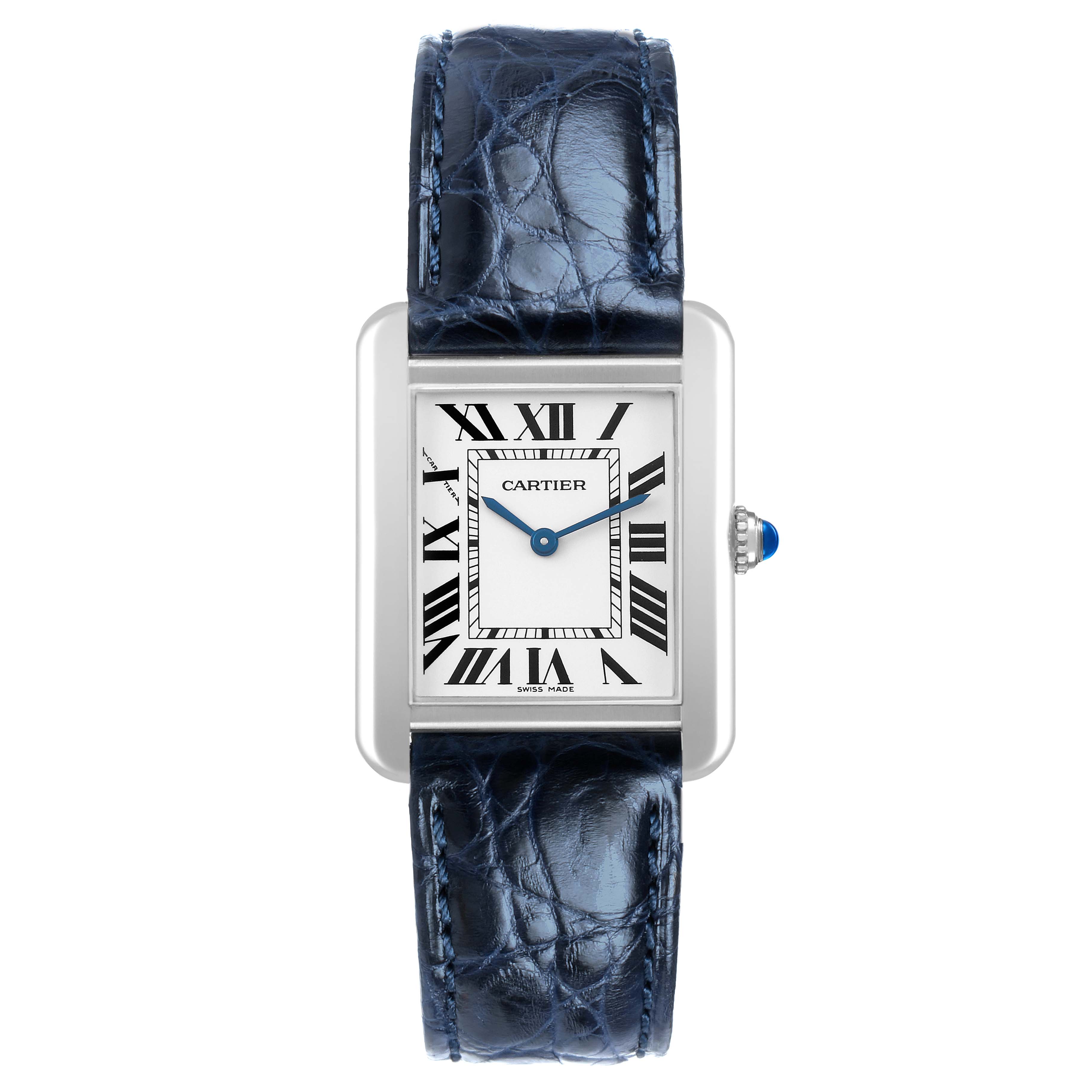 The Cartier Tank Solo WSTA0030 Women's Stainless Steel Silver Dial watch is shown from the front, highlighting its rectangular face, blue hands, Roman numerals, and leather strap.