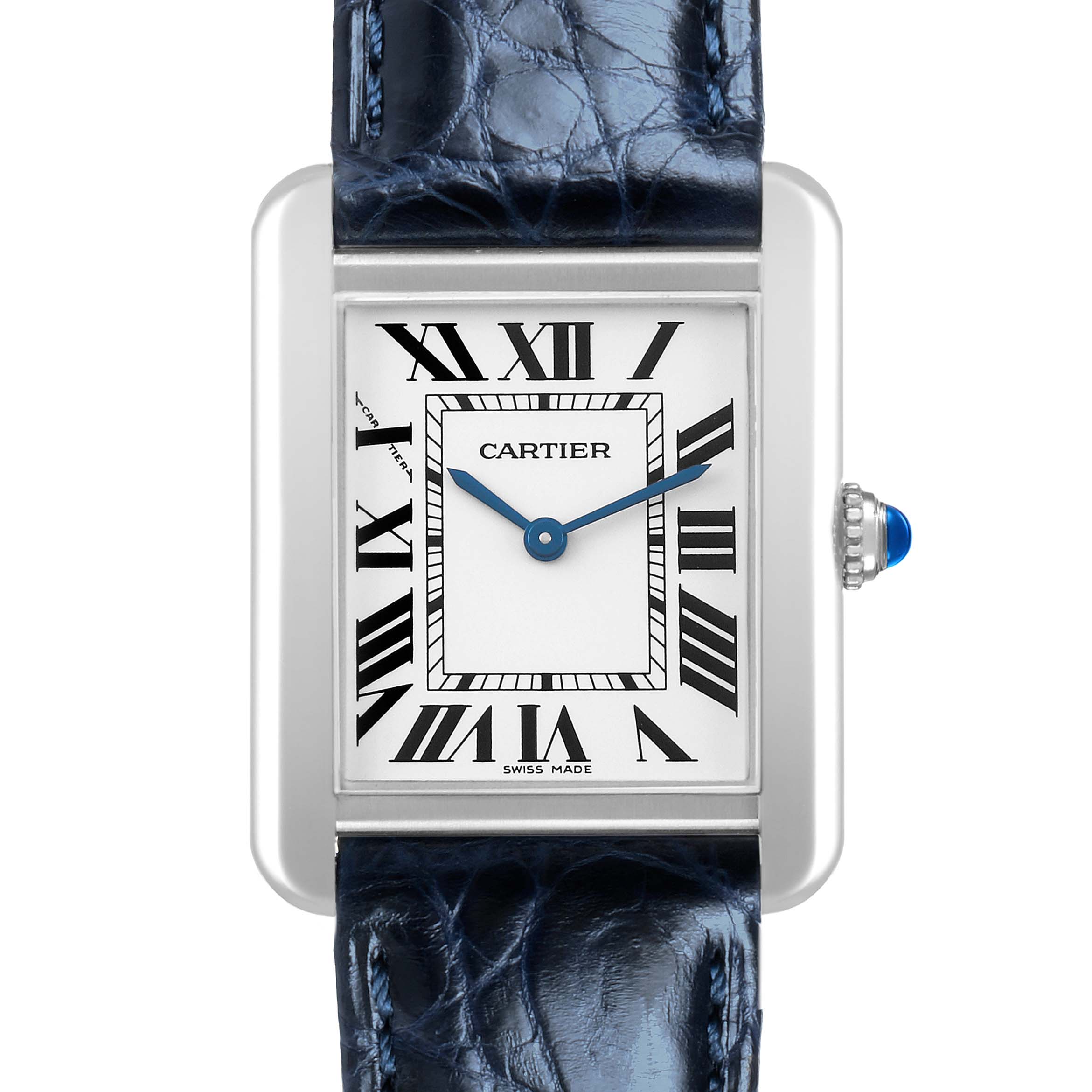 The Cartier Tank Solo WSTA0030 Women's Stainless Steel Silver Dial watch is shown from a front angle, displaying its rectangular face, Roman numerals, and crown.