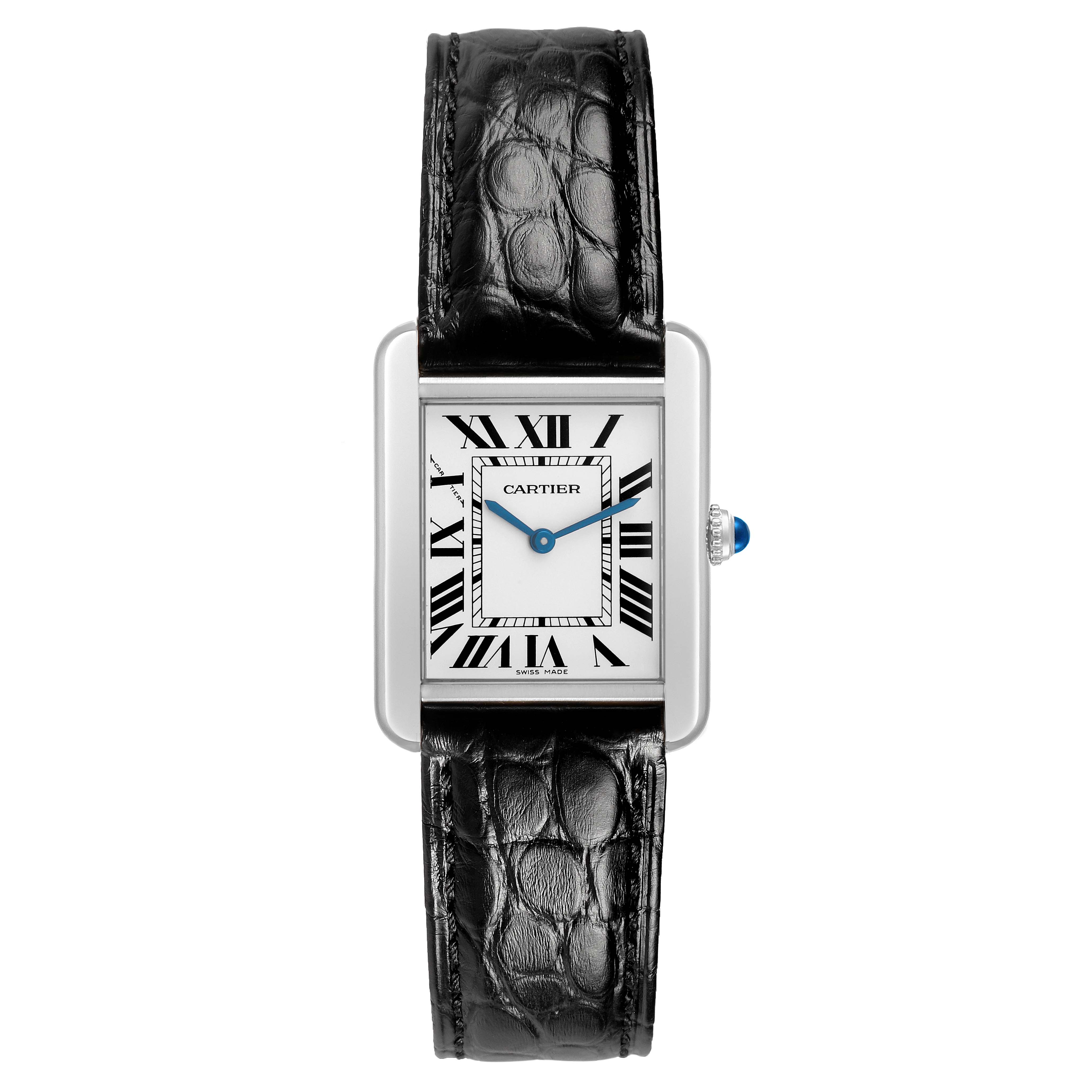 The Cartier Tank Solo WSTA0030 Women's Stainless Steel Silver Dial watch is shown from the front, displaying its rectangular face, Roman numerals, and leather strap.