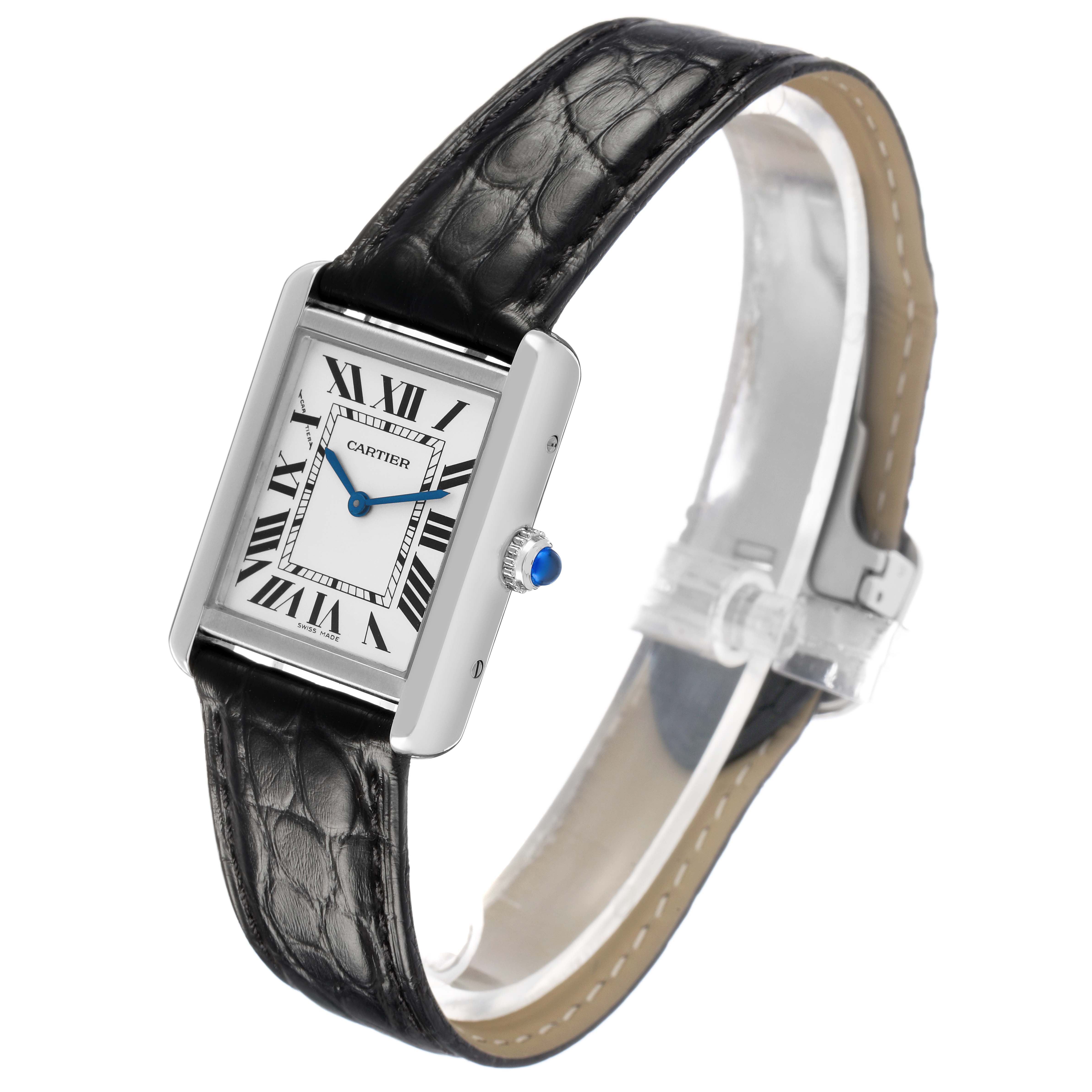 The Cartier Tank Solo WSTA0030 Women's Stainless Steel Silver Dial watch is shown at a three-quarter angle, highlighting the face, strap, and side crown.