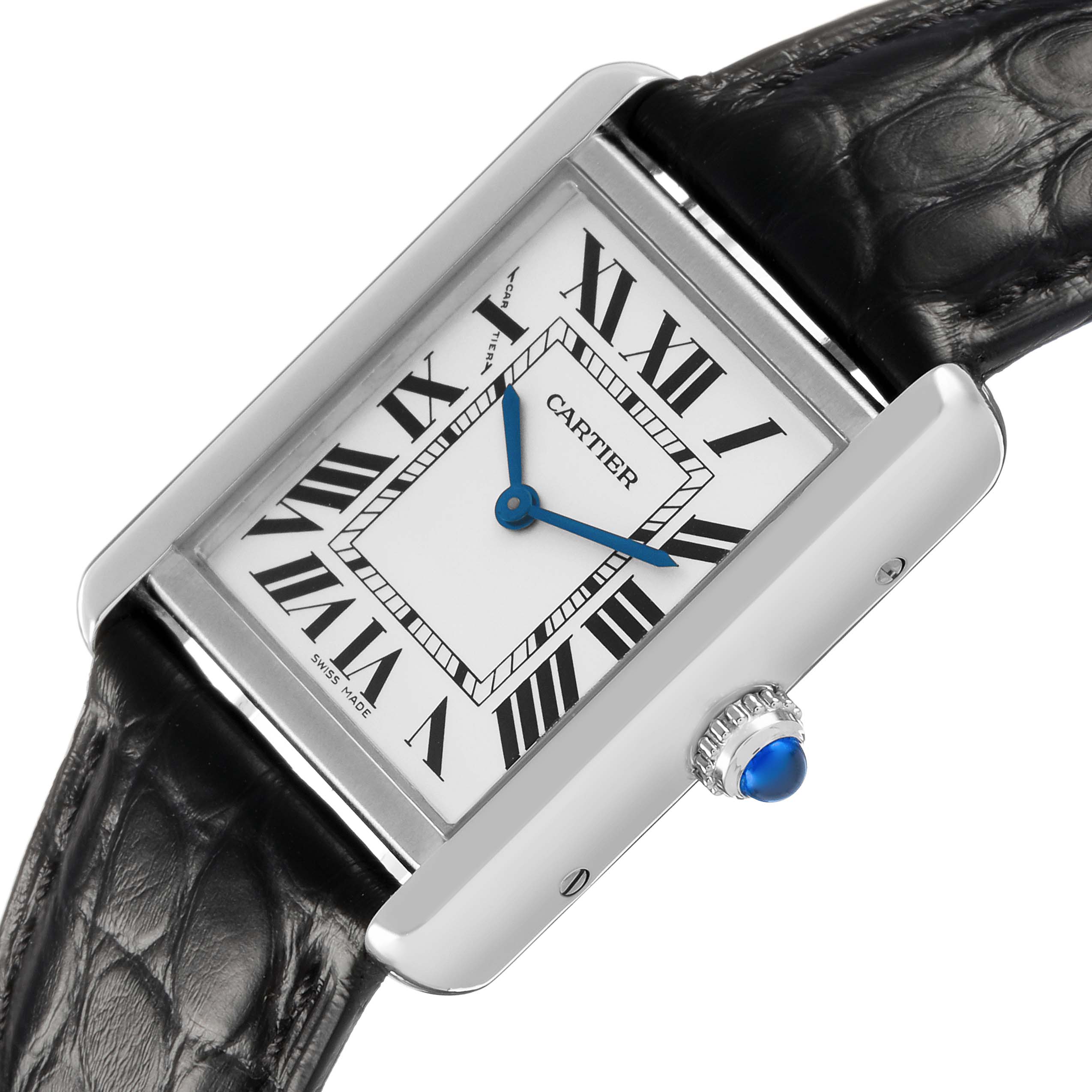 The Cartier Tank Solo WSTA0030 Women's Stainless Steel Silver Dial watch is shown at an angled top view, displaying its rectangular face, Roman numerals, blue hands, and crown.