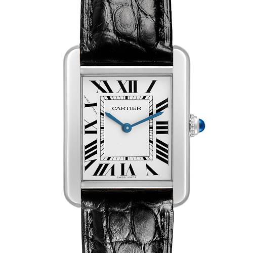 The Cartier Tank Solo WSTA0030 Women's Stainless Steel Silver Dial watch is shown from the front, highlighting its rectangular face, Roman numerals, and leather strap.