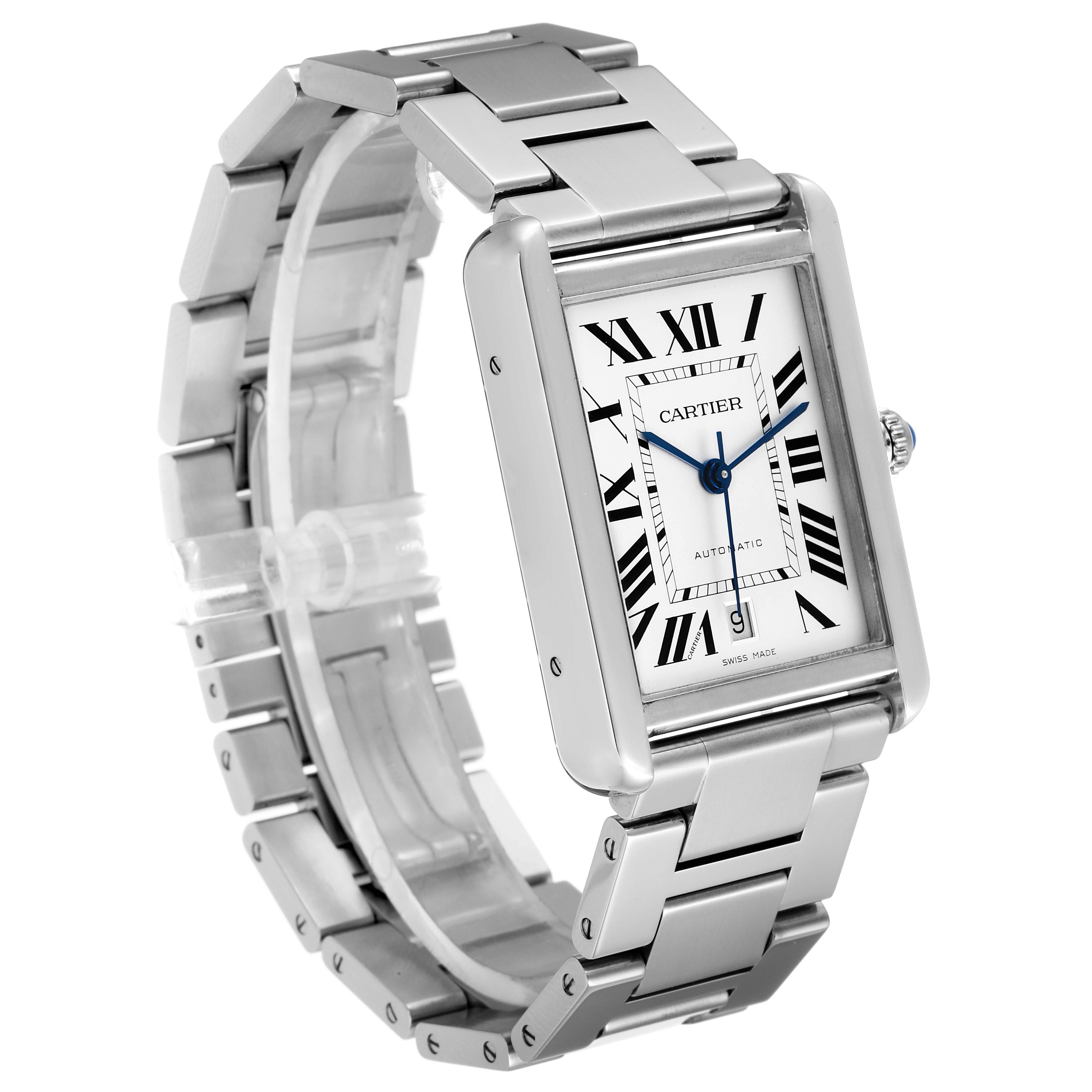 The image shows a Tank Solo watch by Cartier from a three-quarter angle, highlighting the face, bracelet, and clasp.