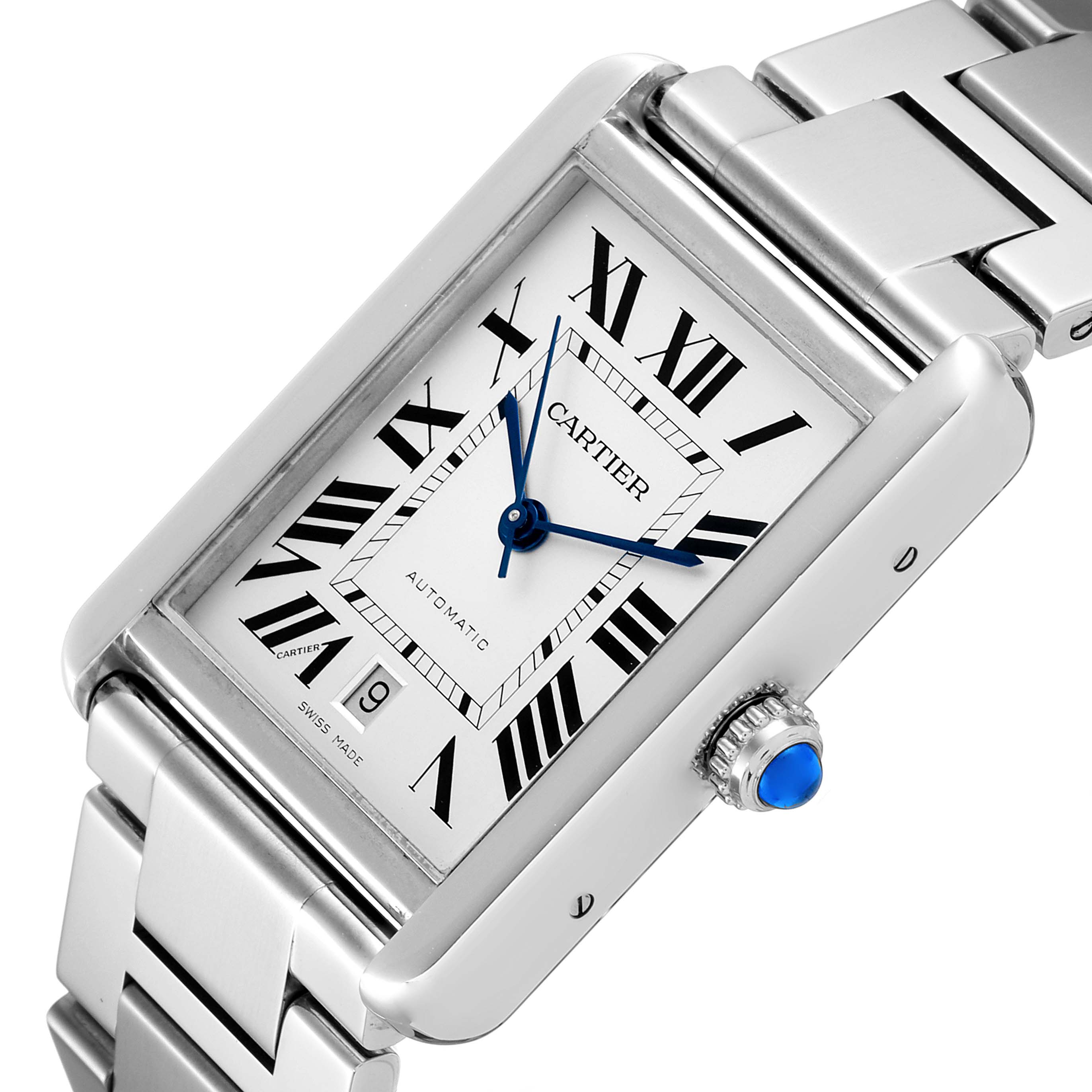 The Cartier Tank Solo W5200028 Men
s Stainless Steel Silver Dial W5200028 Men
s Stainless Steel Silver Dial watch is shown at an angled view, displaying its face, bracelet, and crown with a blue cabochon.