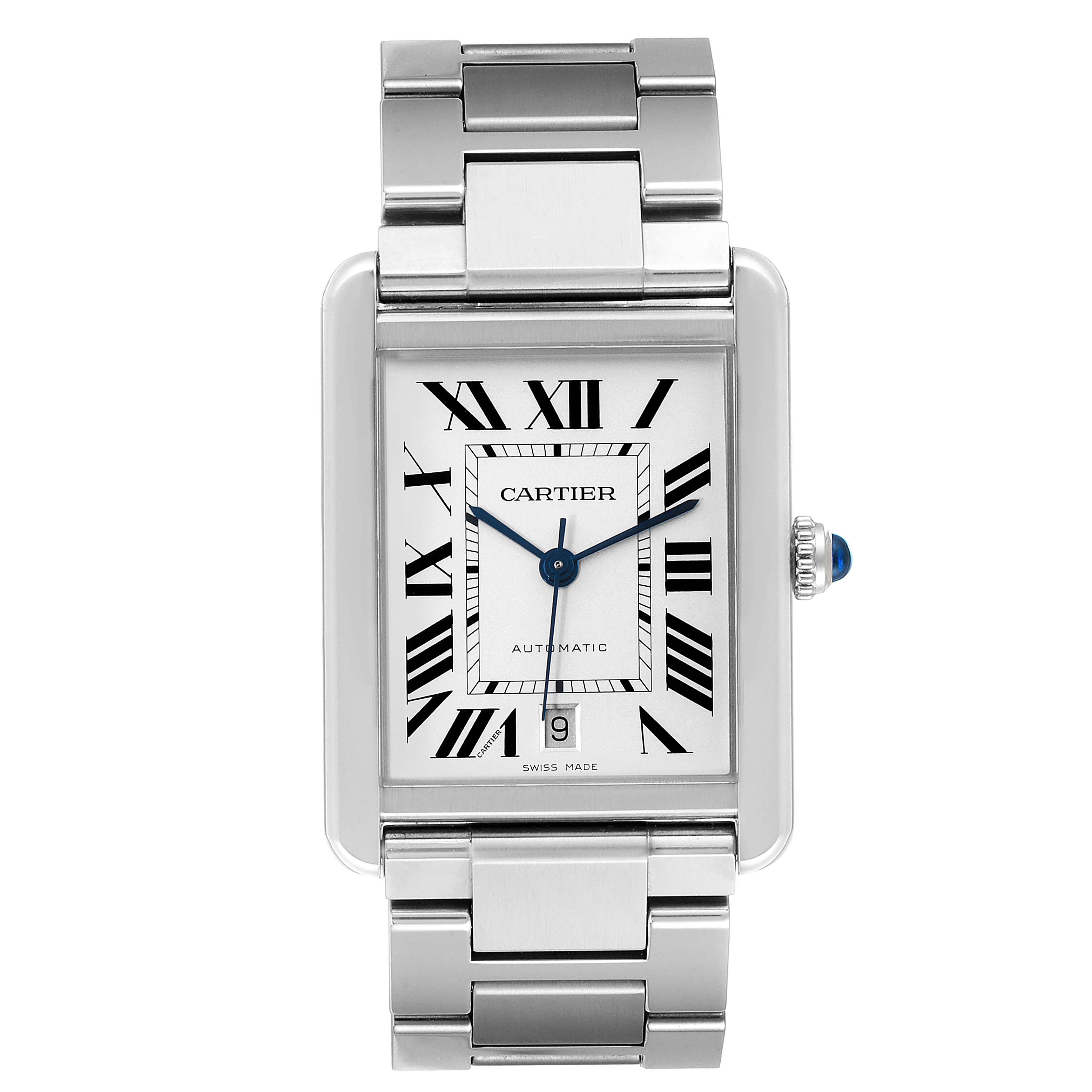 The image shows a front view of the Cartier Tank Solo W5200028 Men
s Stainless Steel Silver Dial W5200028 Men
s Stainless Steel Silver Dial watch, highlighting its rectangular dial and metal bracelet.