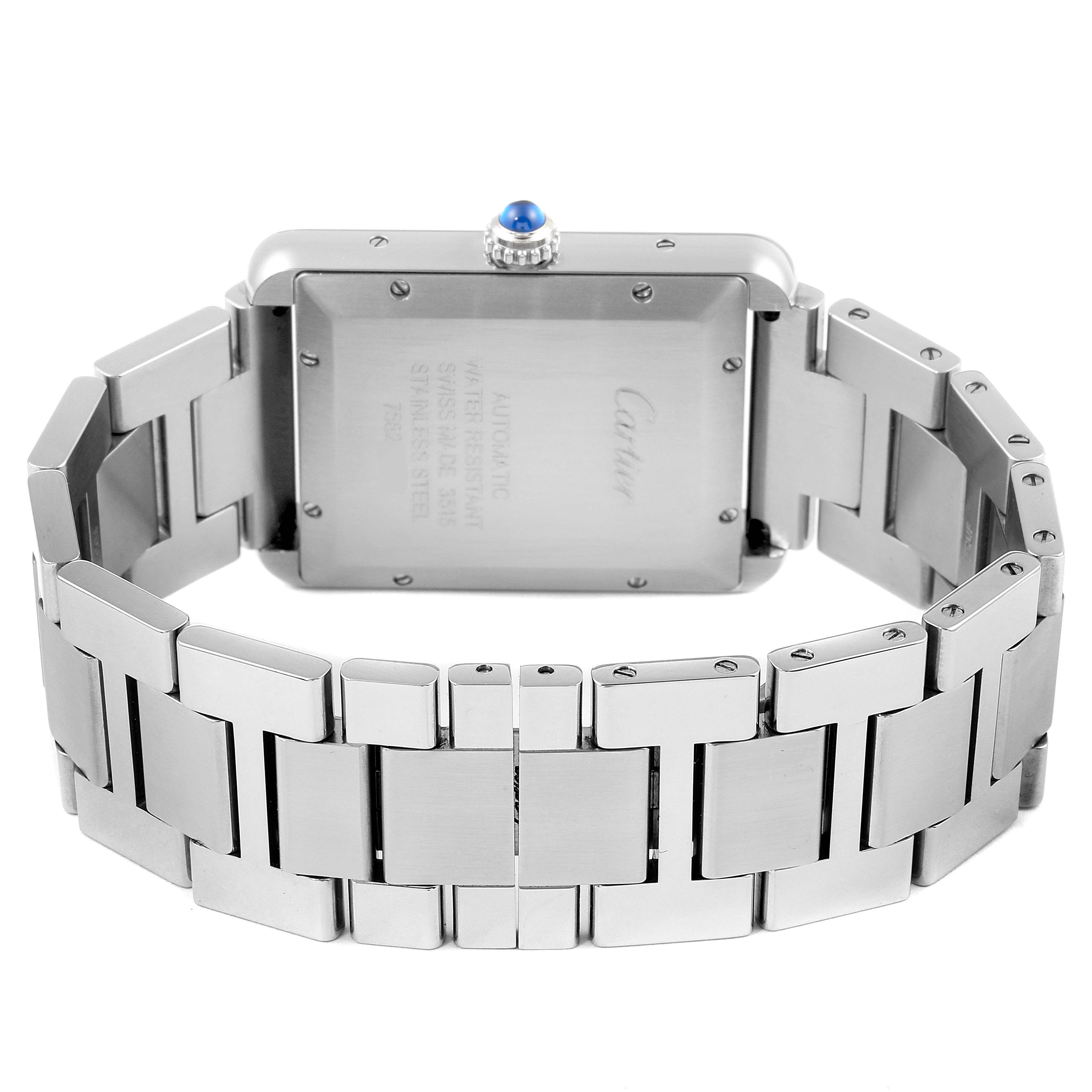 This image shows the back view of a Cartier Tank Solo W5200028 Men
s Stainless Steel Silver Dial W5200028 Men
s Stainless Steel Silver Dial watch, highlighting the case back and stainless steel bracelet.