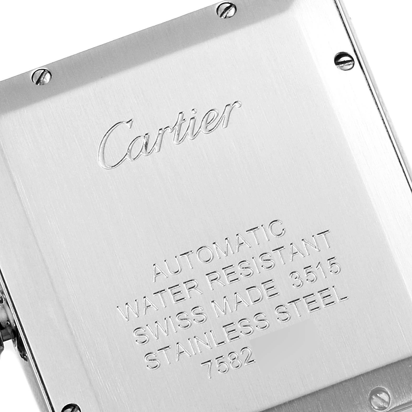 This image shows the back case of a Cartier Tank Solo W5200028 Men
s Stainless Steel Silver Dial W5200028 Men
s Stainless Steel Silver Dial watch, highlighting the engraved brand name and specifications.