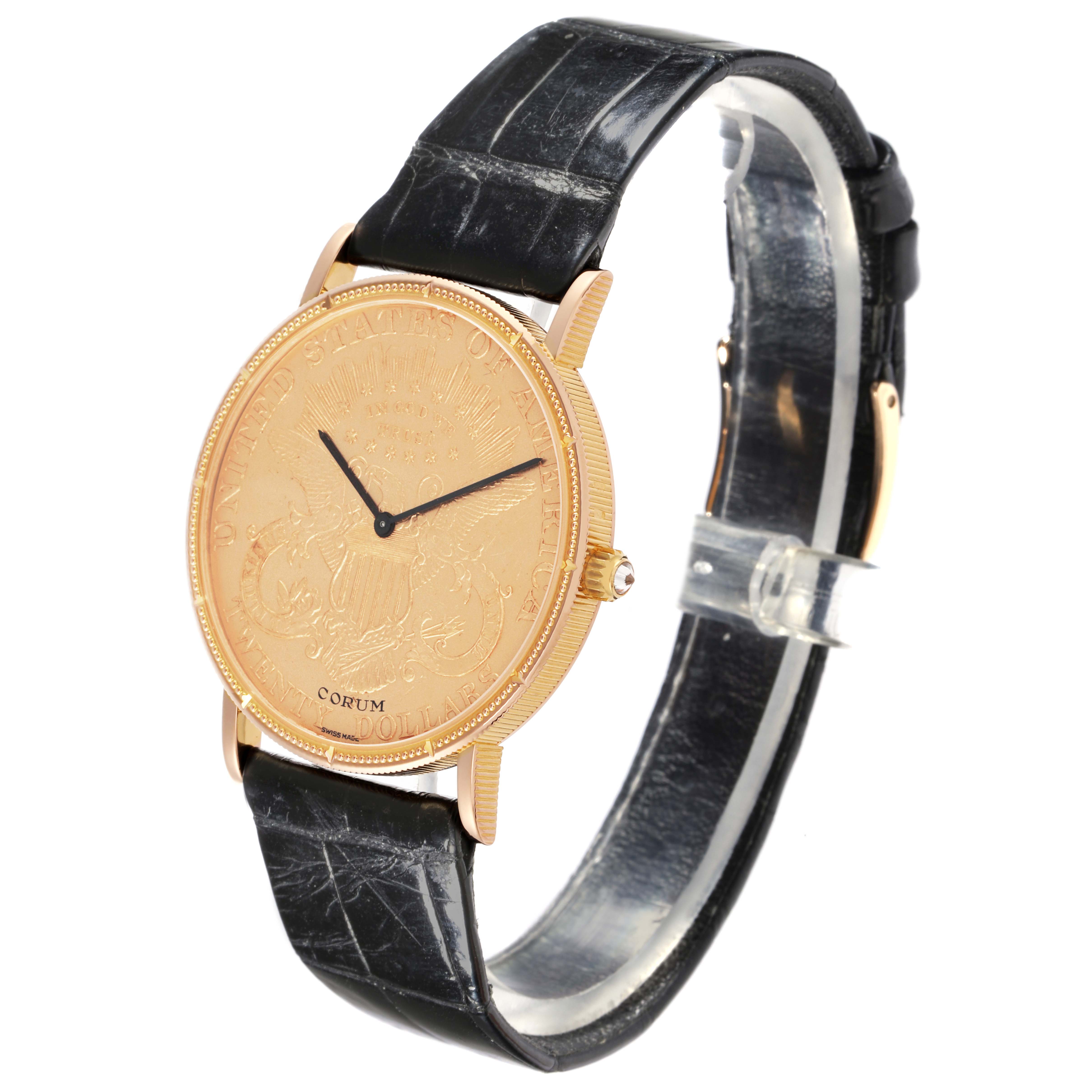 The Corum Coin Watch 1894 Men's Yellow Gold Champagne Dial 1894 Men's Yellow Gold Champagne Dial is shown at a side angle, highlighting the gold coin face and black leather strap.