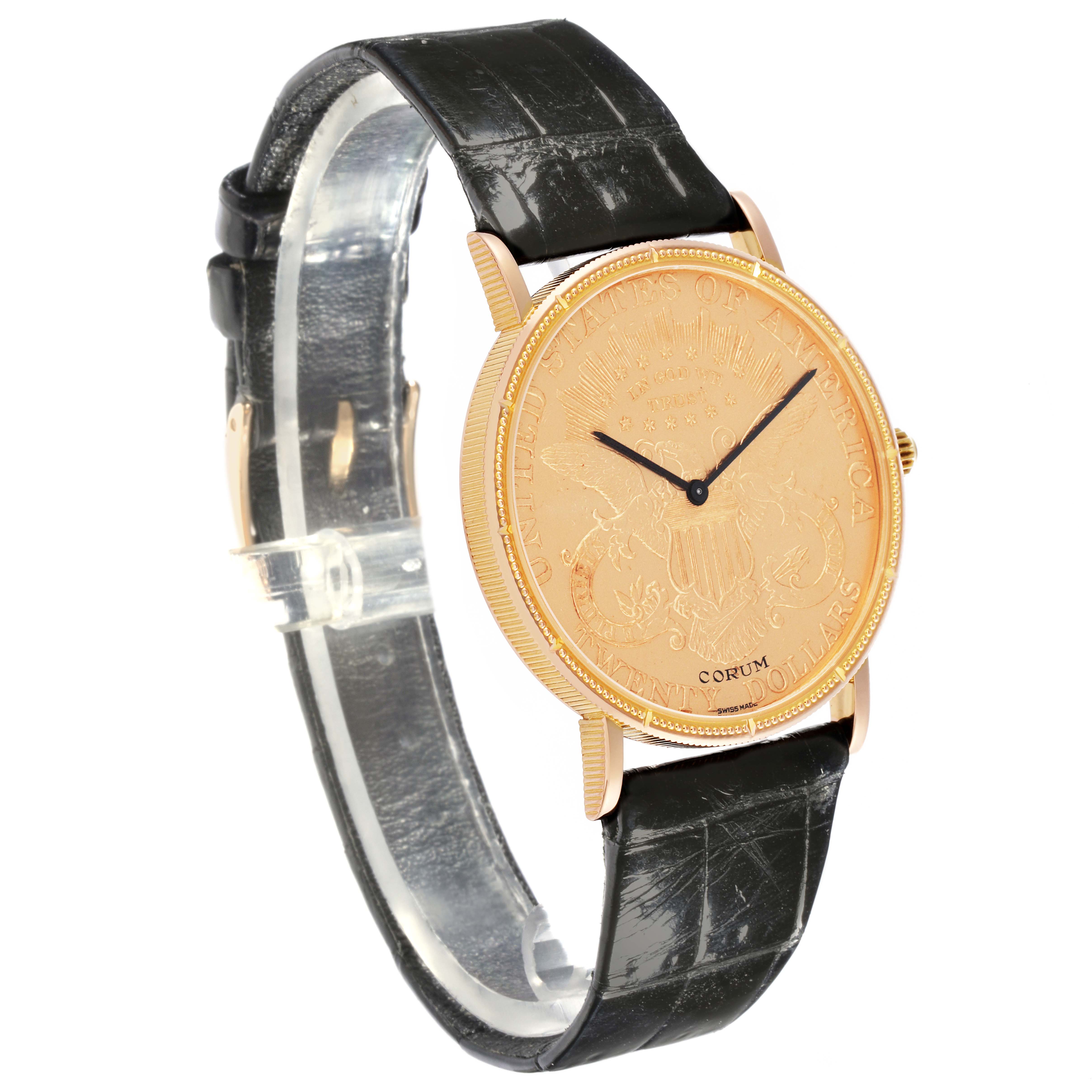 The Corum Coin Watch 1894 Men's Yellow Gold Champagne Dial 1894 Men's Yellow Gold Champagne Dial is shown at a slight angle, highlighting its face, strap, and case details.