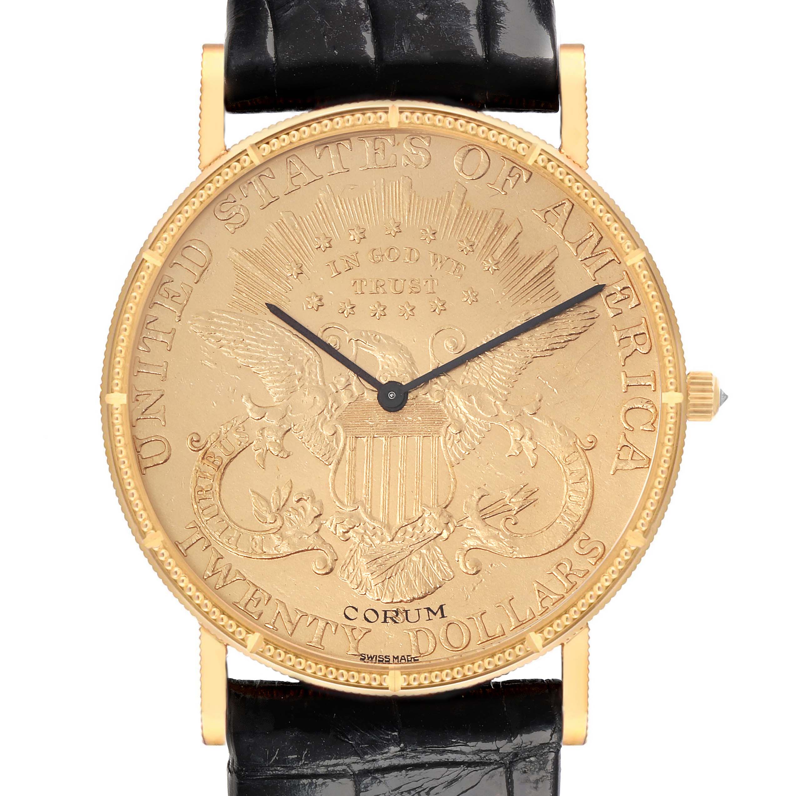 The Corum Coin Watch 1894 Men's Yellow Gold Champagne Dial 1894 Men's Yellow Gold Champagne Dial is shown from the front, highlighting its coin-designed dial, black strap, and gold case.