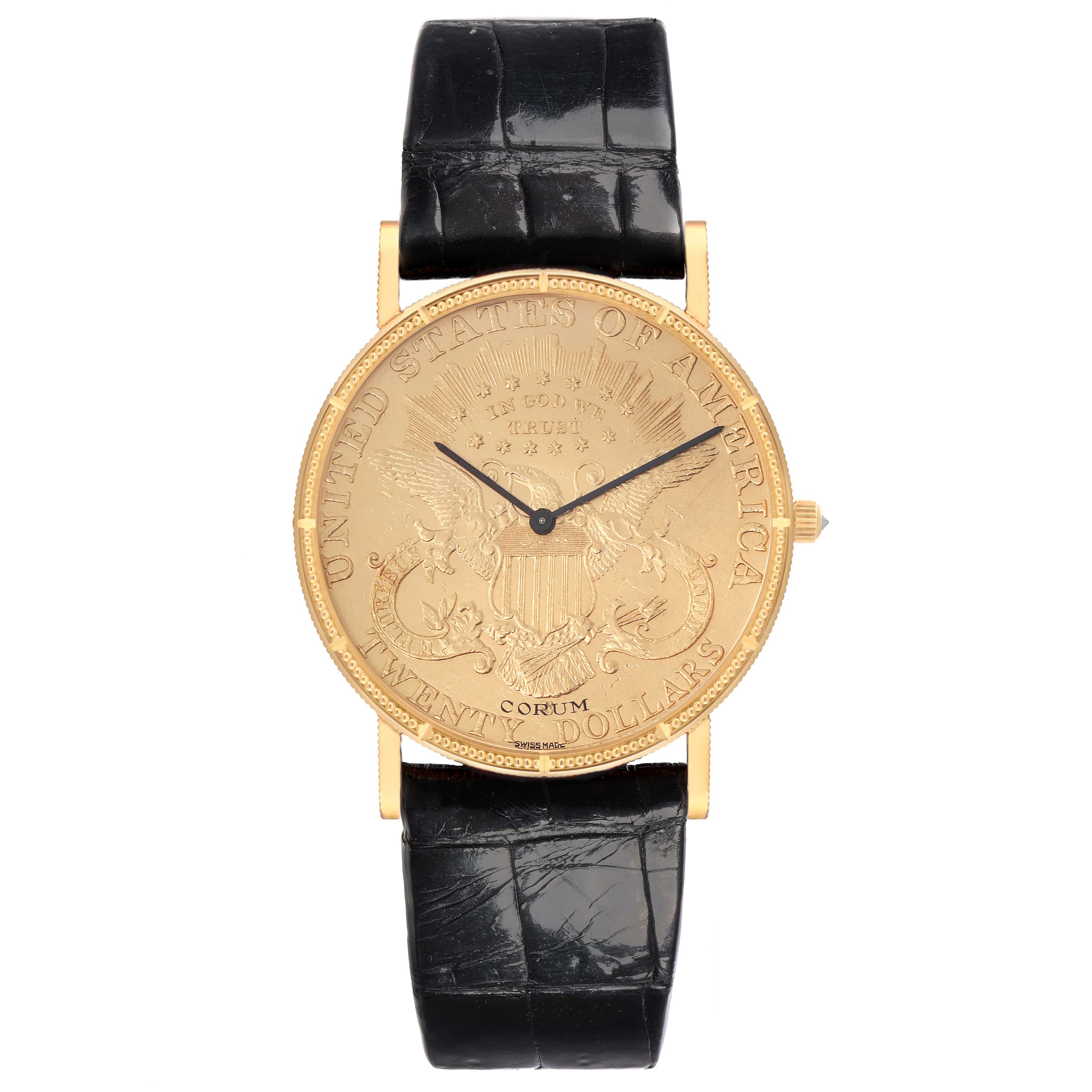 The Corum Coin Watch 1894 Men's Yellow Gold Champagne Dial 1894 Men's Yellow Gold Champagne Dial model is shown front-facing, displaying its detailed dial and black leather strap.