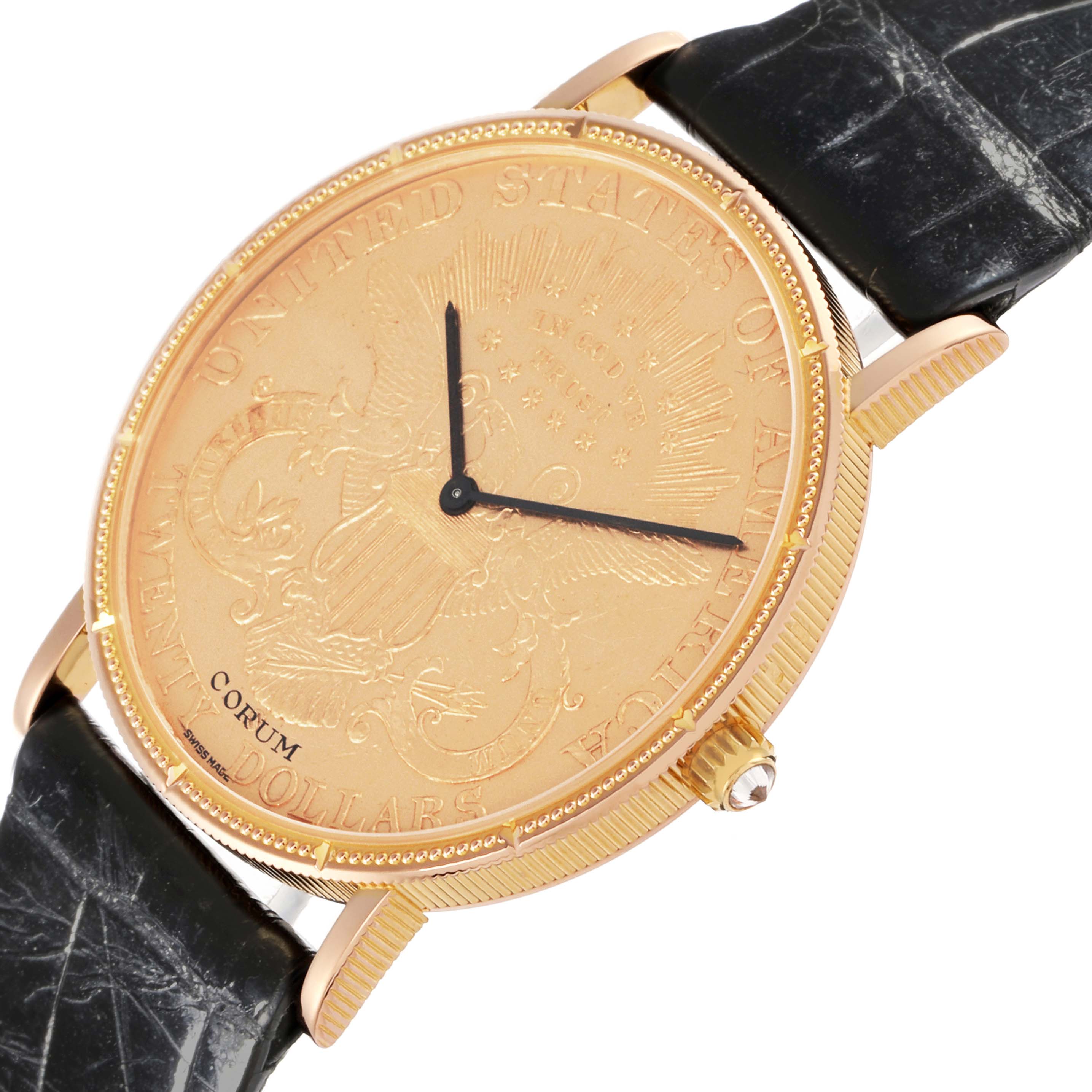 The Corum Coin Watch 1894 Men's Yellow Gold Champagne Dial 1894 Men's Yellow Gold Champagne Dial is shown at a slight angle, highlighting its gold face and black leather strap.