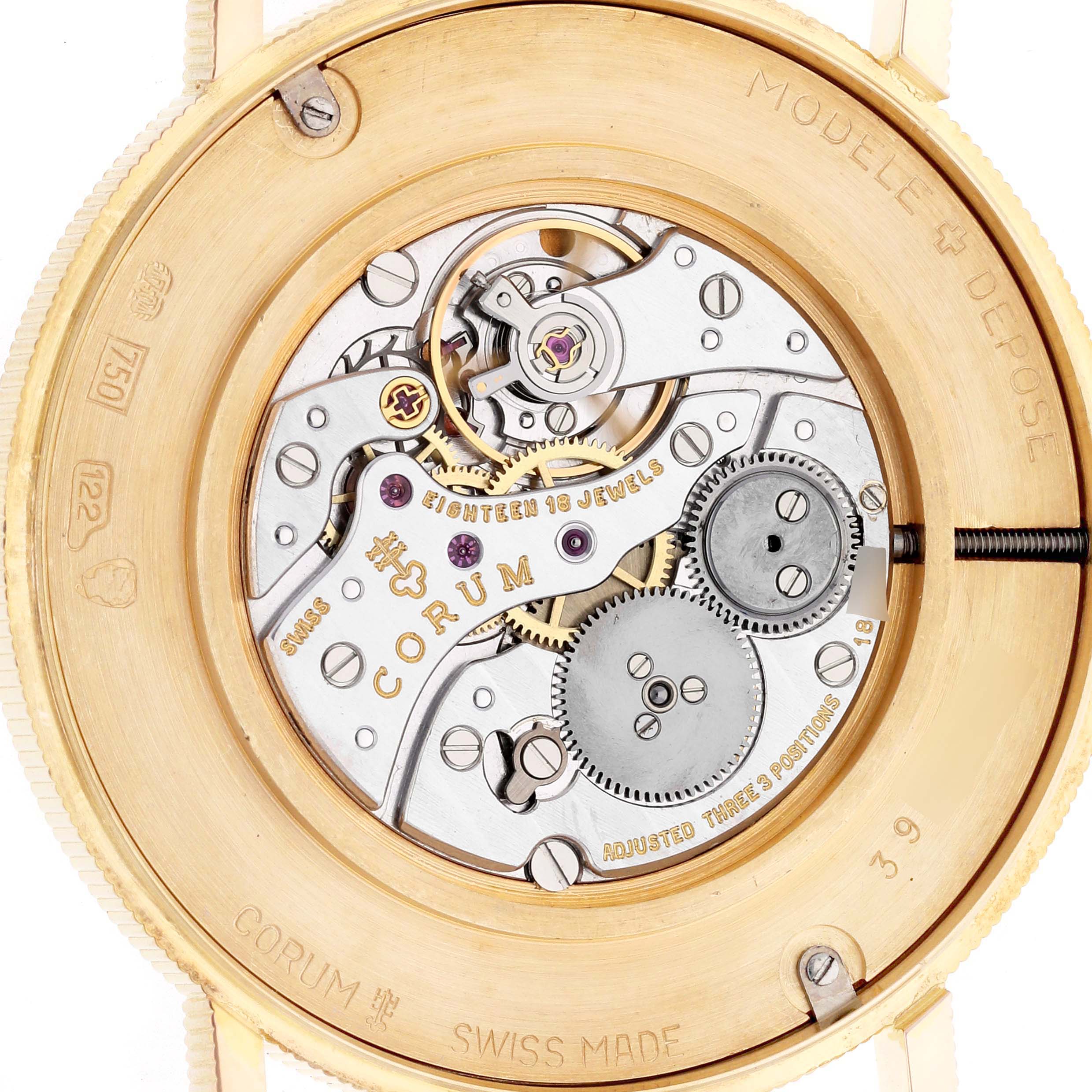The image shows the back of the Corum Coin Watch 1894 Men's Yellow Gold Champagne Dial 1894 Men's Yellow Gold Champagne Dial, highlighting its intricate movement and jewel details from a direct angle.
