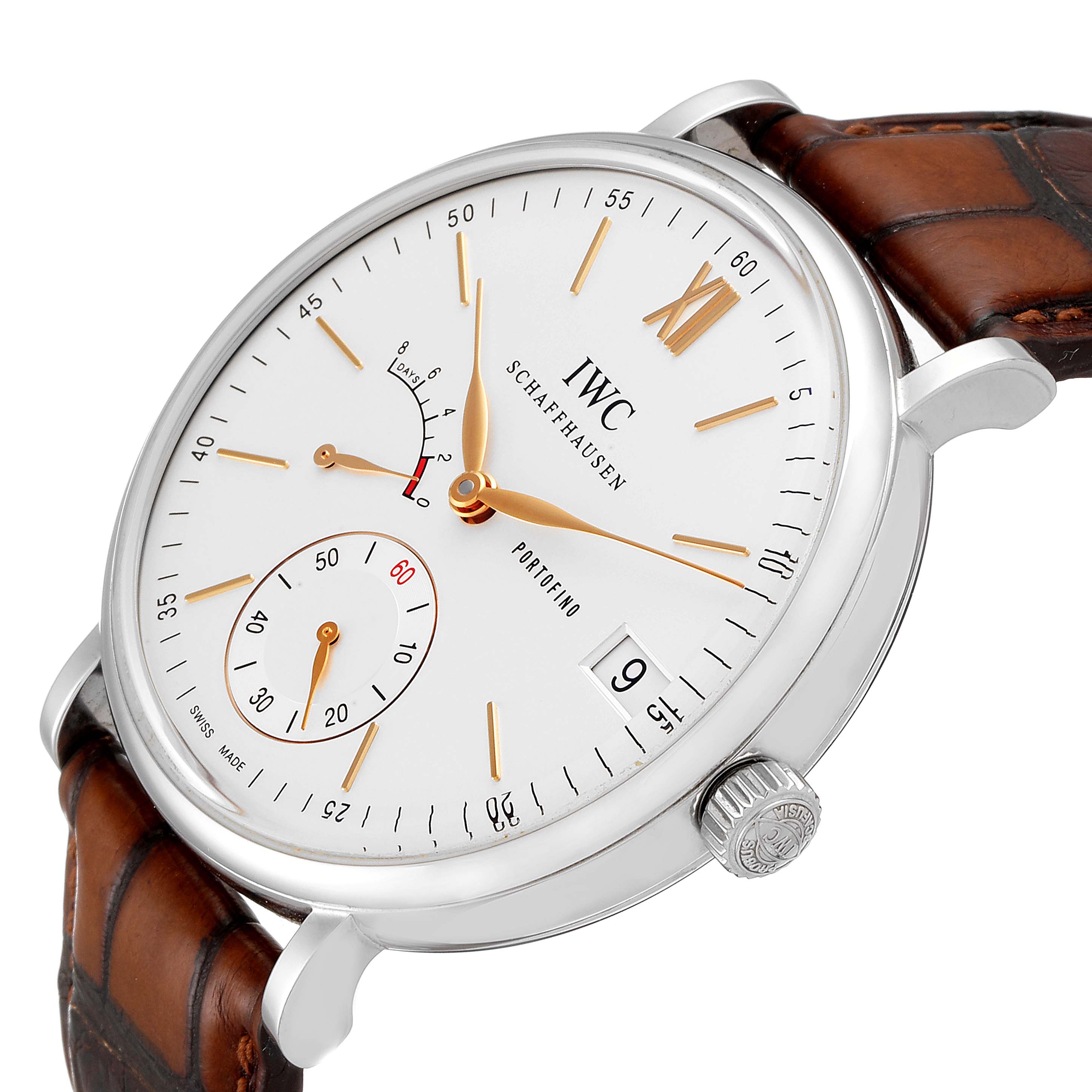 The IWC Portofino IW510103 Men's Stainless Steel Silver Dial IW510103 Men's Stainless Steel Silver Dial watch is shown at an angle displaying its face, side crown, and leather strap.