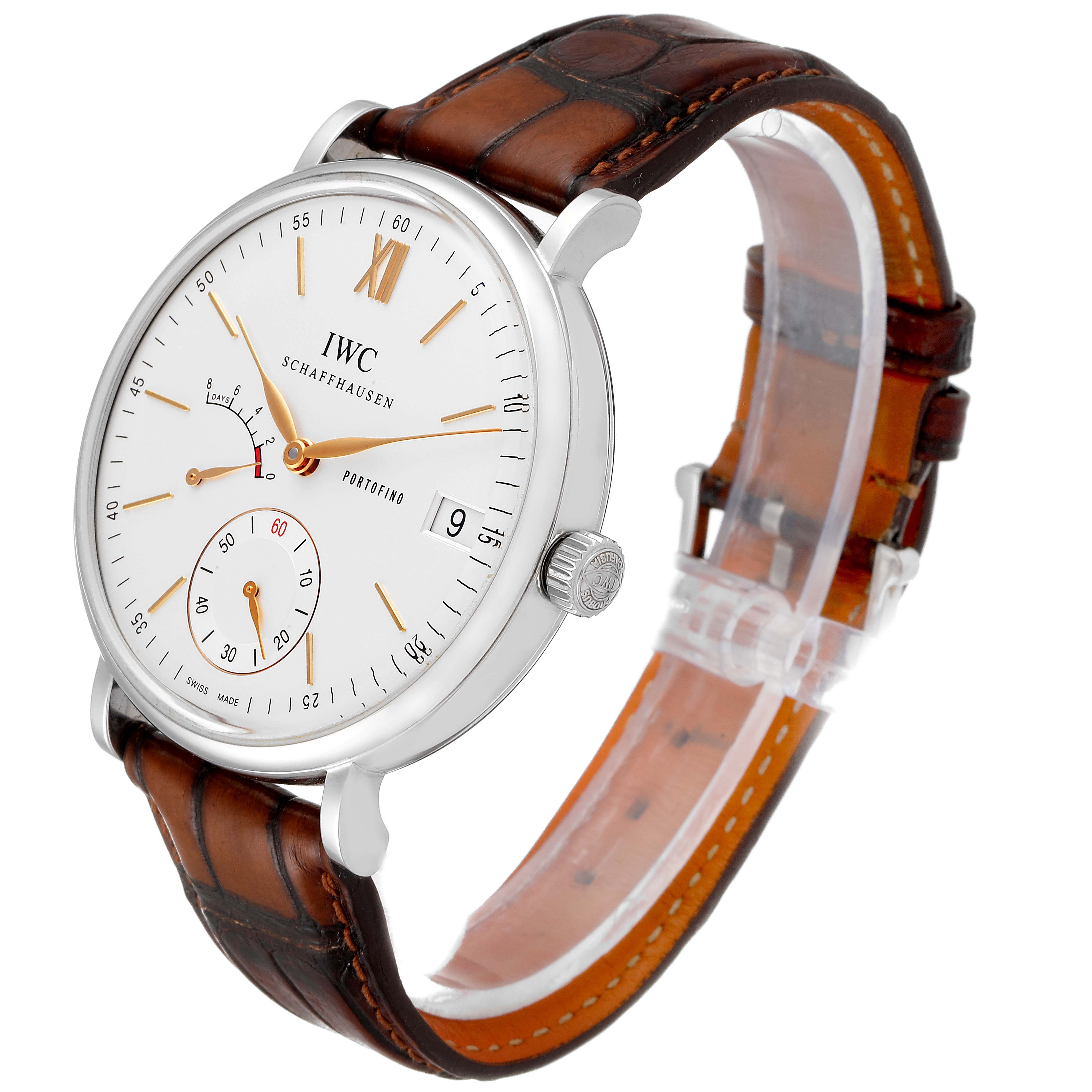 This image shows the IWC Portofino IW510103 Men's Stainless Steel Silver Dial IW510103 Men's Stainless Steel Silver Dial watch at a three-quarter angle, highlighting its white dial, brown leather strap, and side crown.