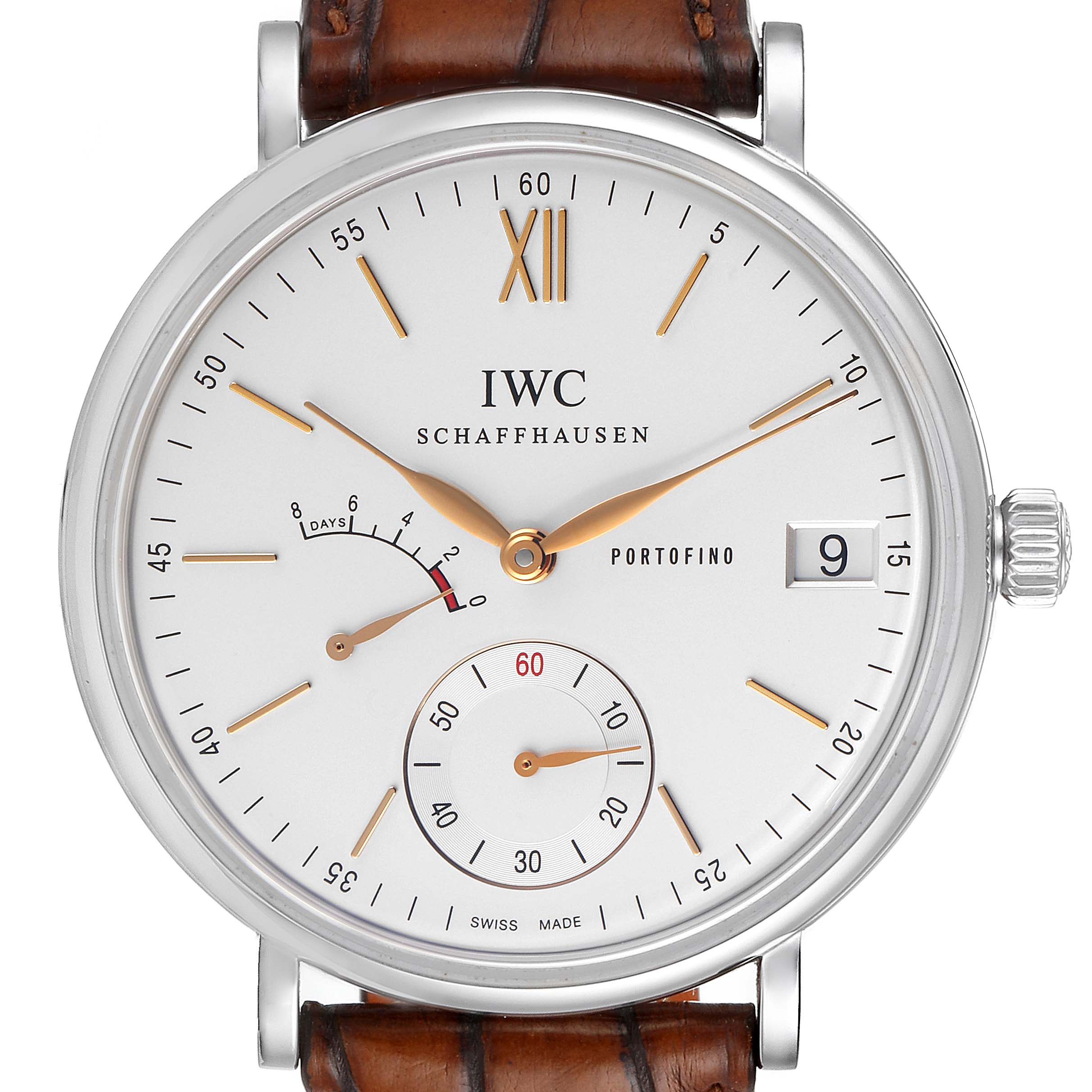 This image shows a front view of the IWC Portofino IW510103 Men's Stainless Steel Silver Dial IW510103 Men's Stainless Steel Silver Dial watch, displaying its dial, hands, subdials, date, and brown leather strap.