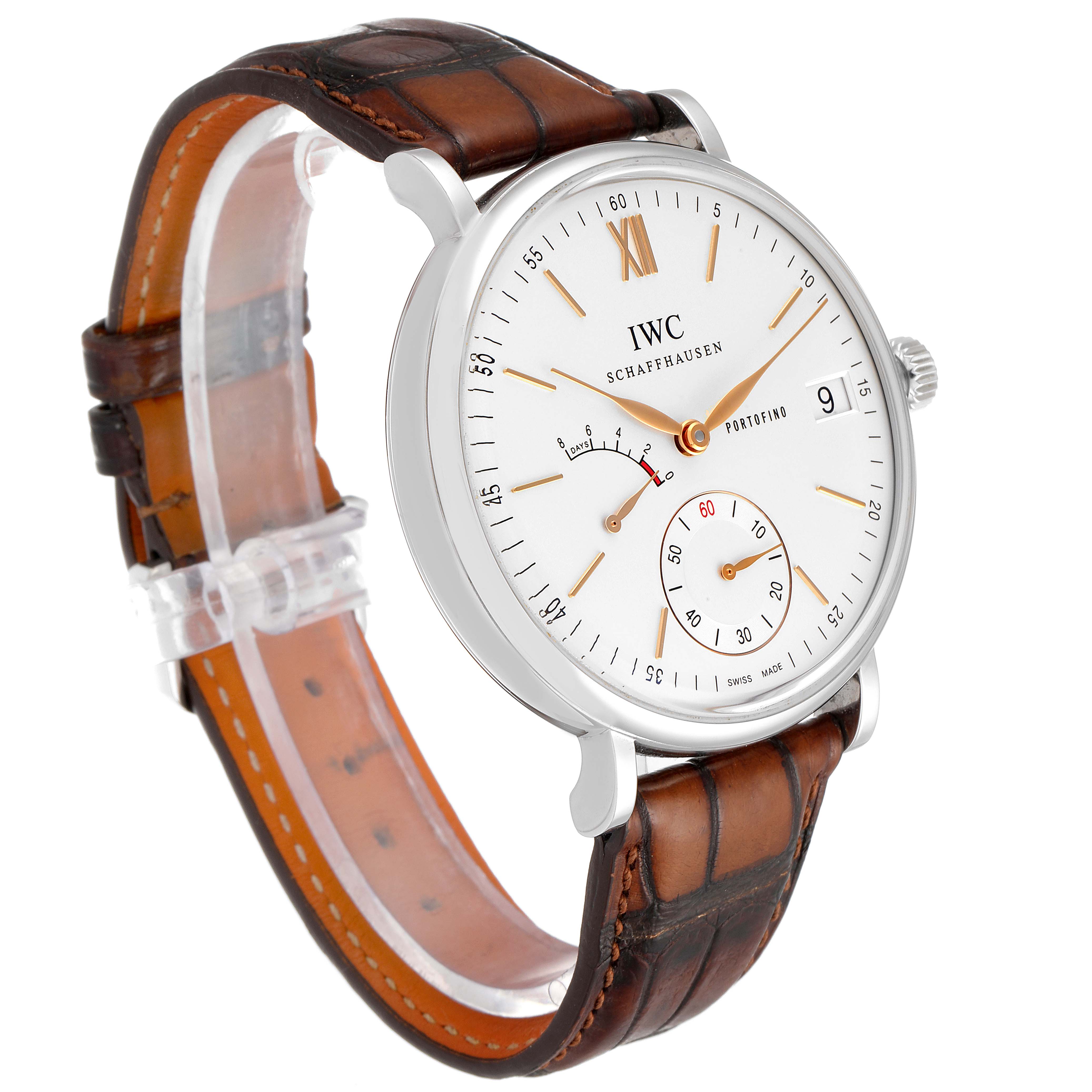 The image shows a front angled view of the IWC Portofino IW510103 Men's Stainless Steel Silver Dial IW510103 Men's Stainless Steel Silver Dial watch featuring its white dial, brown leather strap, and silver case.