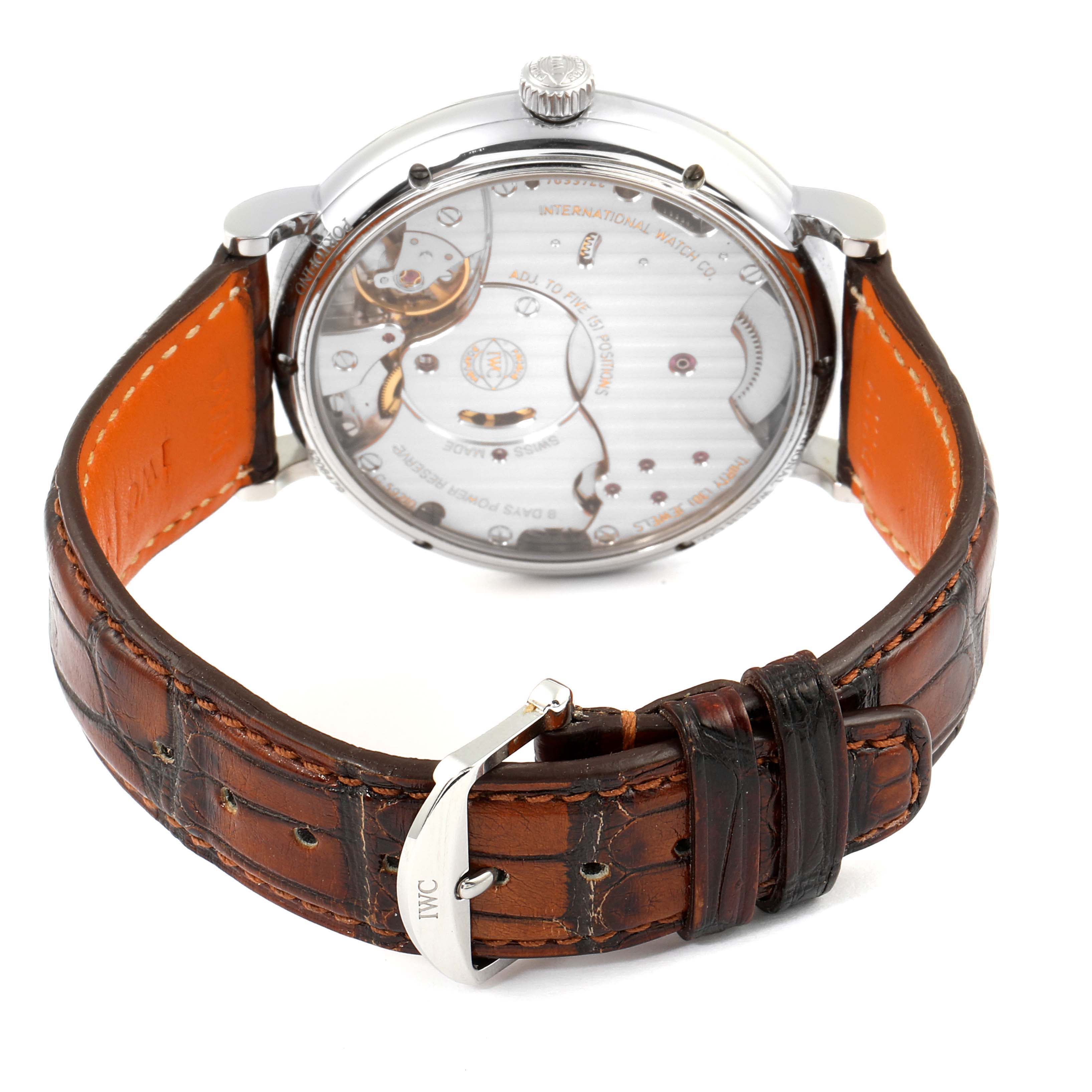 The image shows the back view of the IWC Portofino IW510103 Men's Stainless Steel Silver Dial IW510103 Men's Stainless Steel Silver Dial watch, highlighting its movement and leather strap with a buckle.