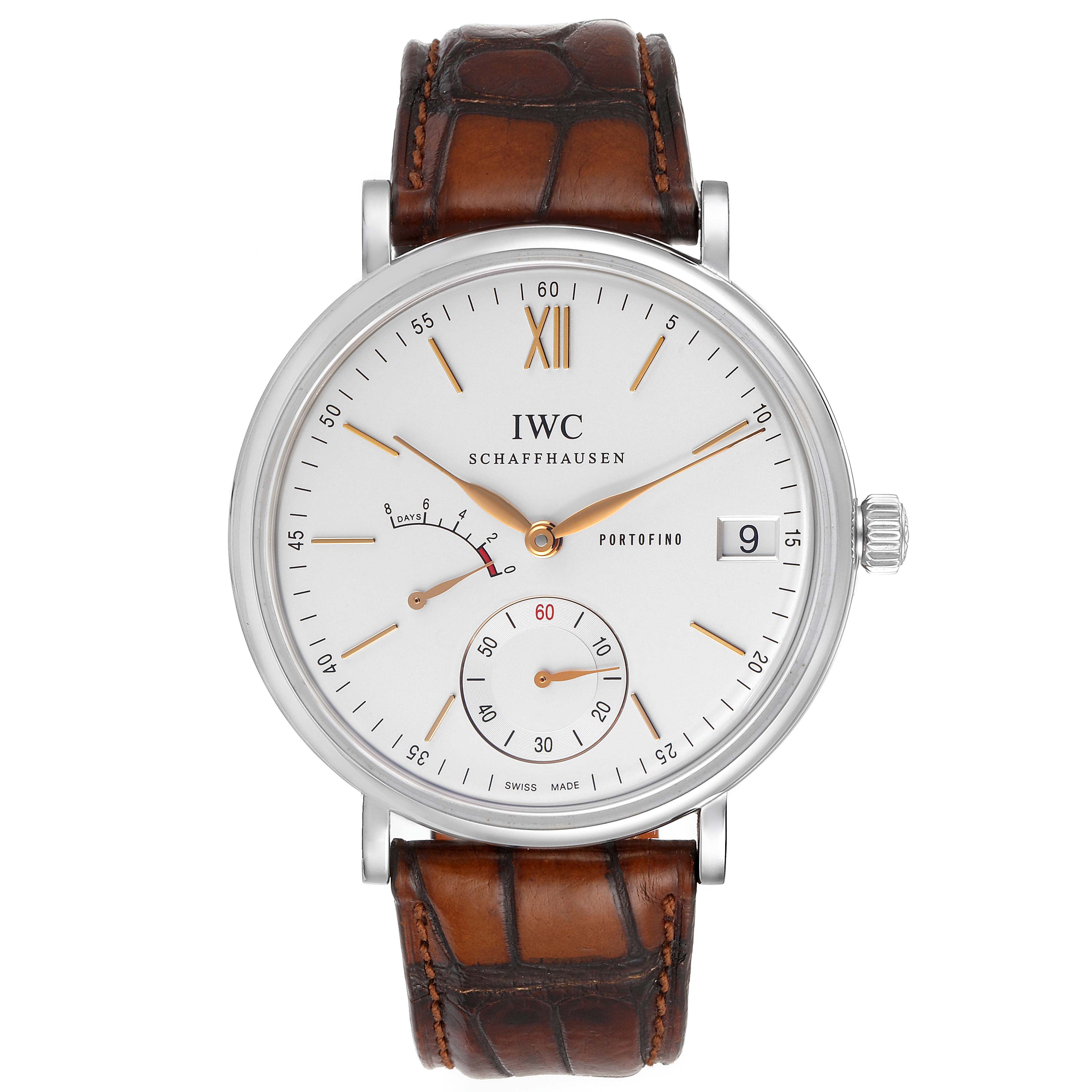 This image shows a front view of the IWC Portofino IW510103 Men's Stainless Steel Silver Dial IW510103 Men's Stainless Steel Silver Dial watch featuring a white dial and brown leather strap.