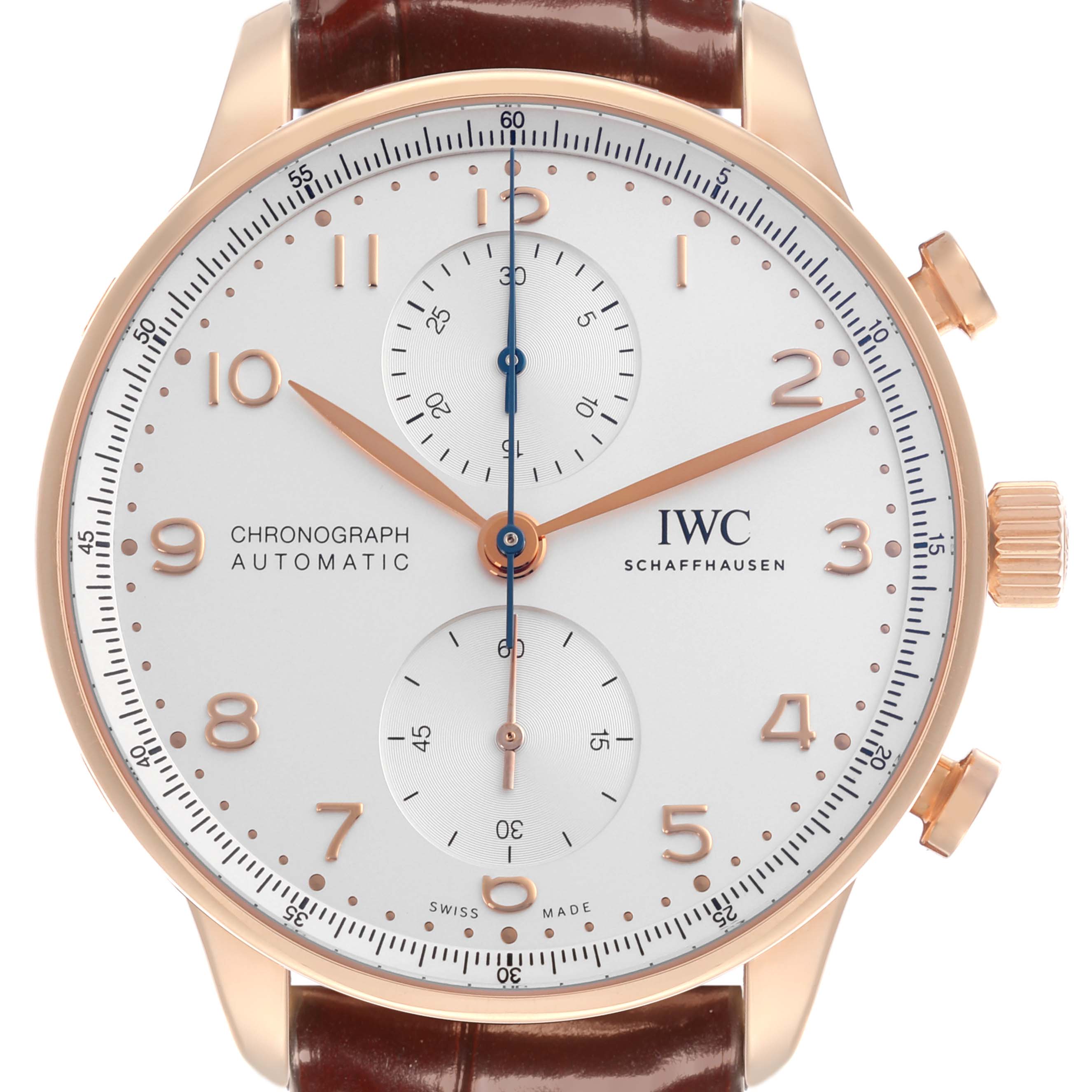 The IWC Portuguese IW371611 Men's Rose Gold Silver Dial IW371611 Men's Rose Gold Silver Dial watch is shown from the front, displaying its dial, subdials, indices, and crown.