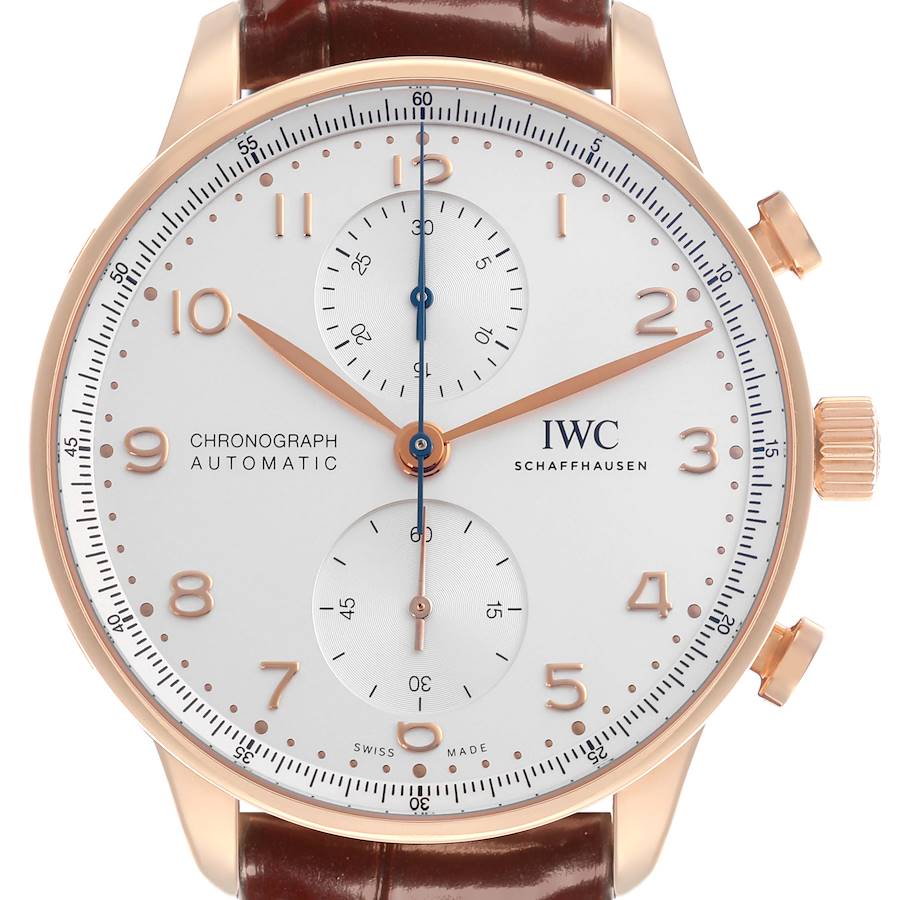 The IWC Portuguese watch is shown from the front, displaying its dial, subdials, indices, and crown.