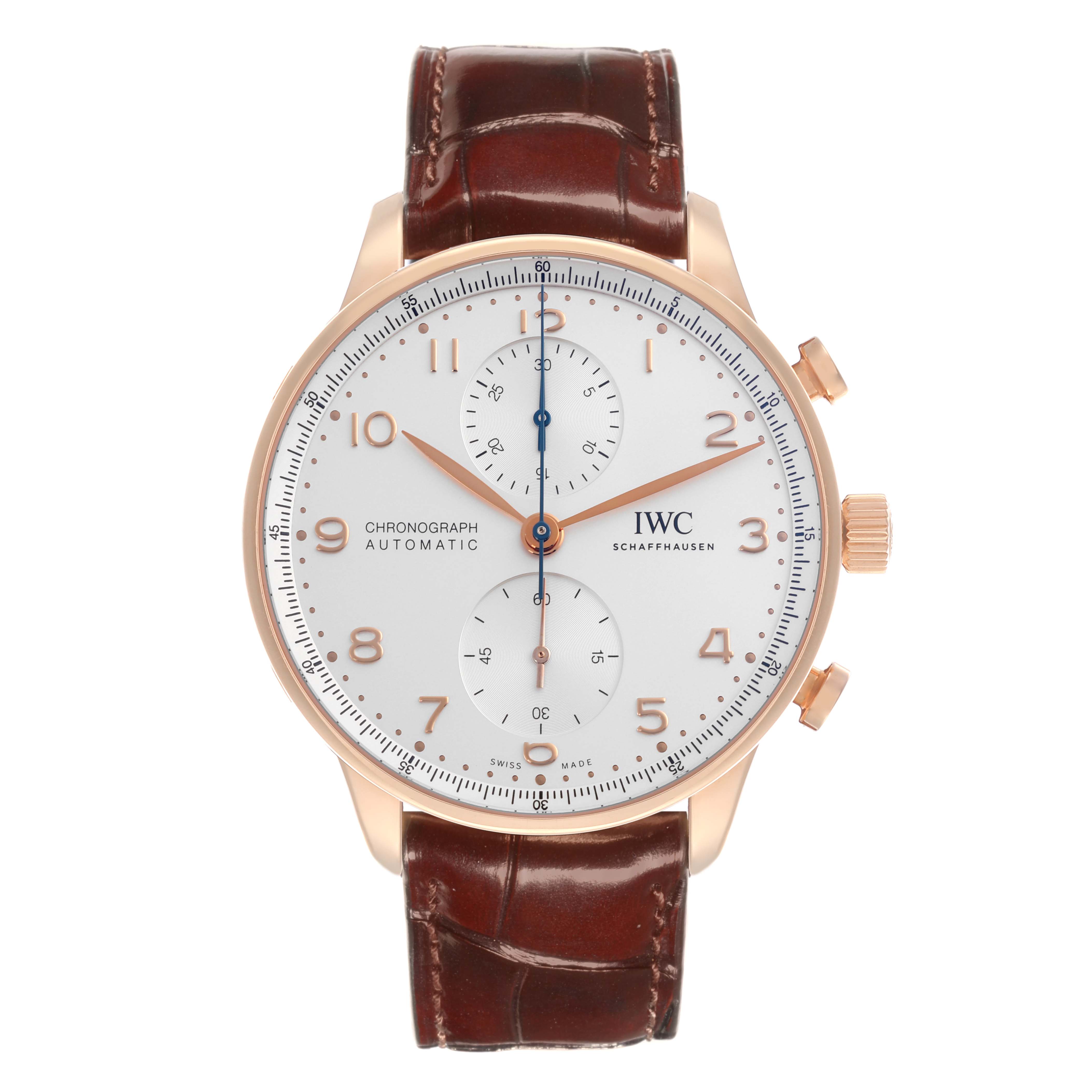 The IWC Portuguese IW371611 Men's Rose Gold Silver Dial IW371611 Men's Rose Gold Silver Dial watch is shown from a front angle, displaying the face, bezel, crown, and strap.