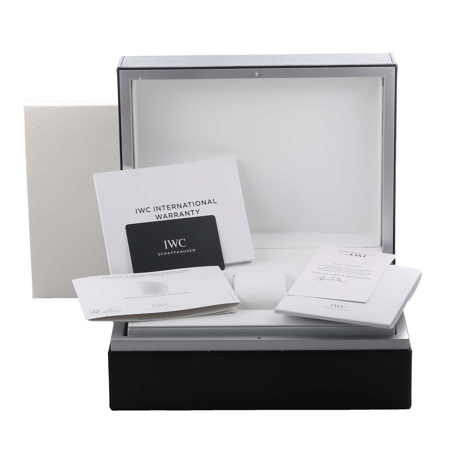 The image shows a box for the IWC Portuguese IW371611 Men's Rose Gold Silver Dial IW371611 Men's Rose Gold Silver Dial watch, with warranty cards and booklets inside.