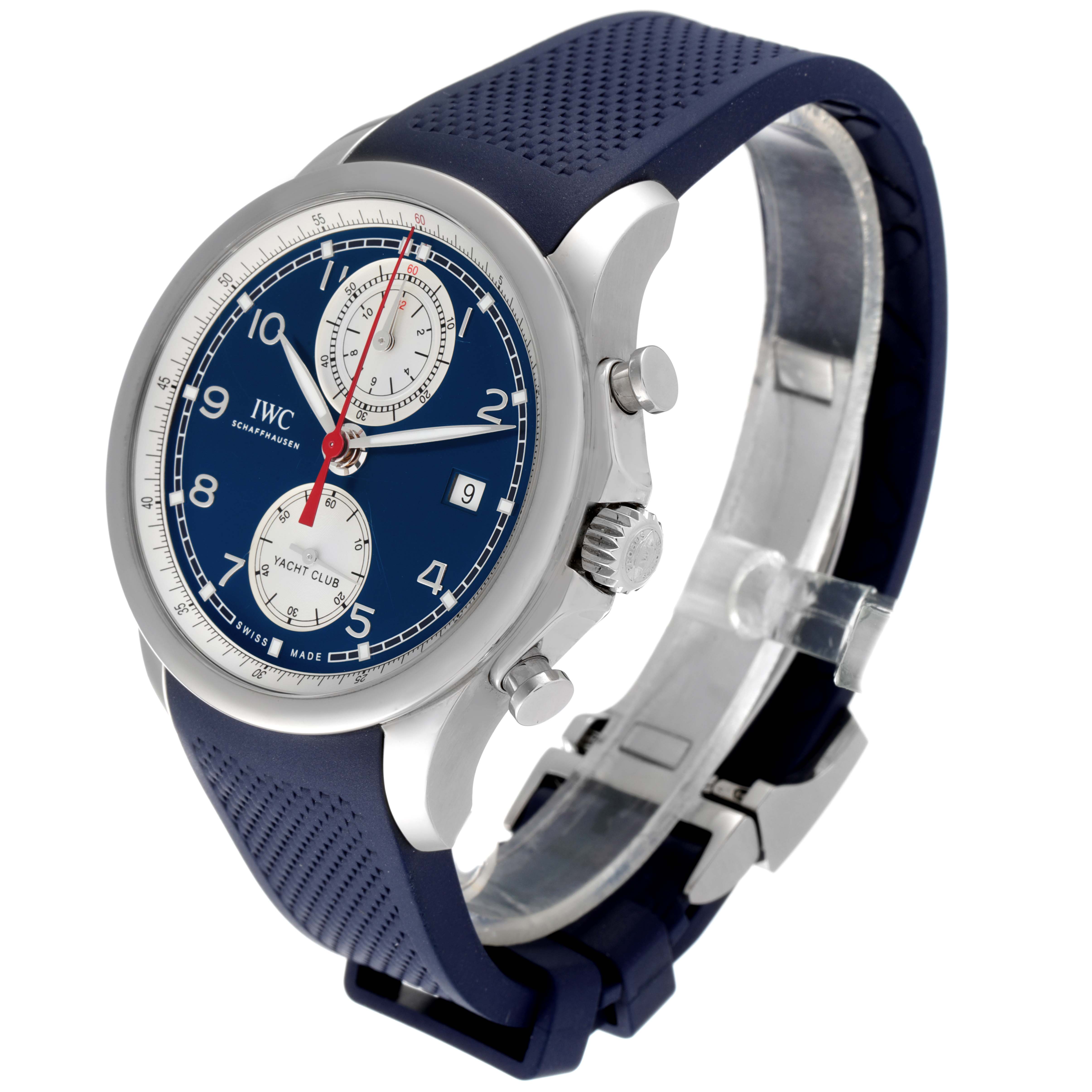 The IWC Portuguese IW390507 Men's Stainless Steel Blue Dial IW390507 Men's Stainless Steel Blue Dial model watch is shown at a three-quarter angle, displaying its face, side buttons, and blue strap.