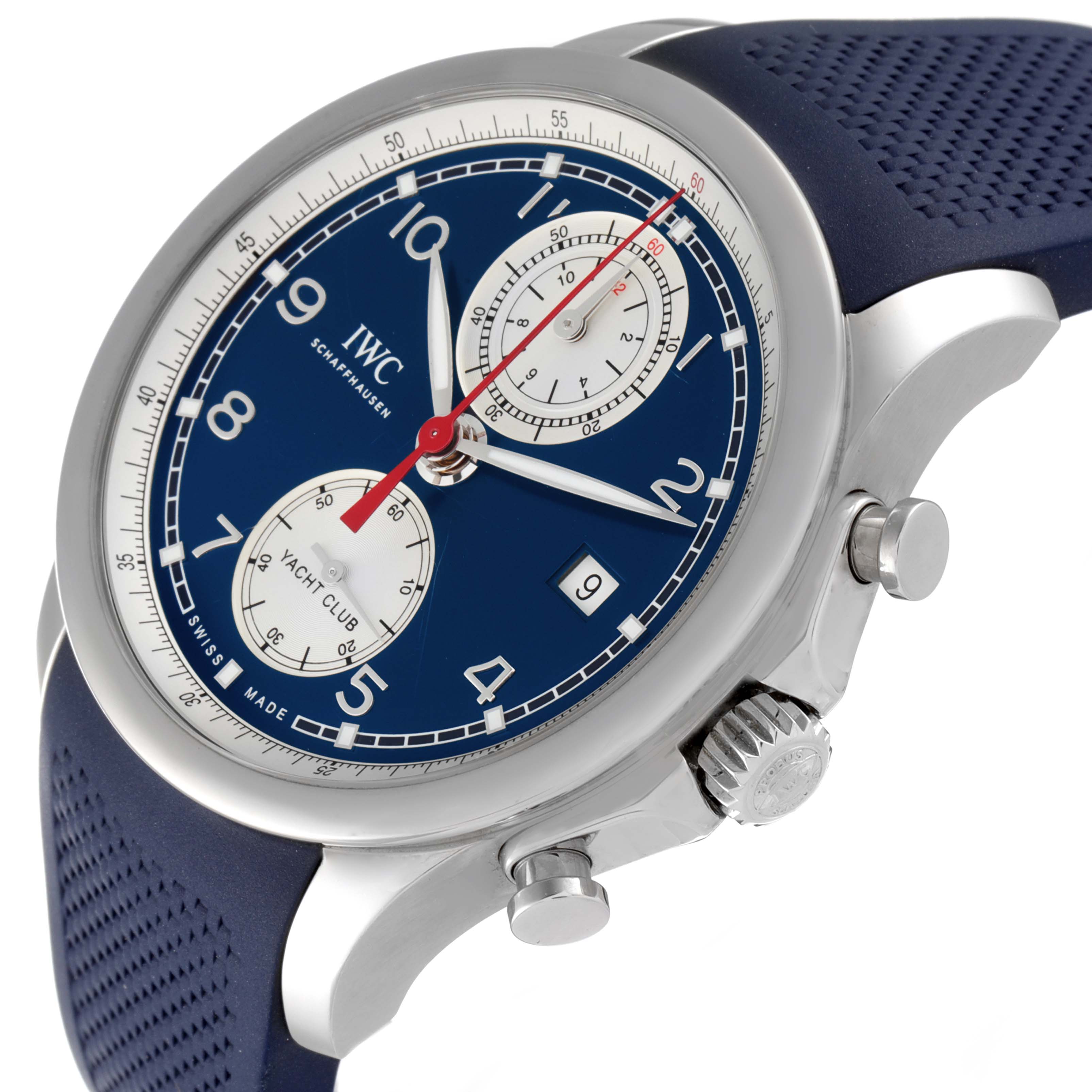 This image shows an angled view of the IWC Portuguese IW390507 Men's Stainless Steel Blue Dial IW390507 Men's Stainless Steel Blue Dial Yacht Club watch, displaying its blue dial and side crown.