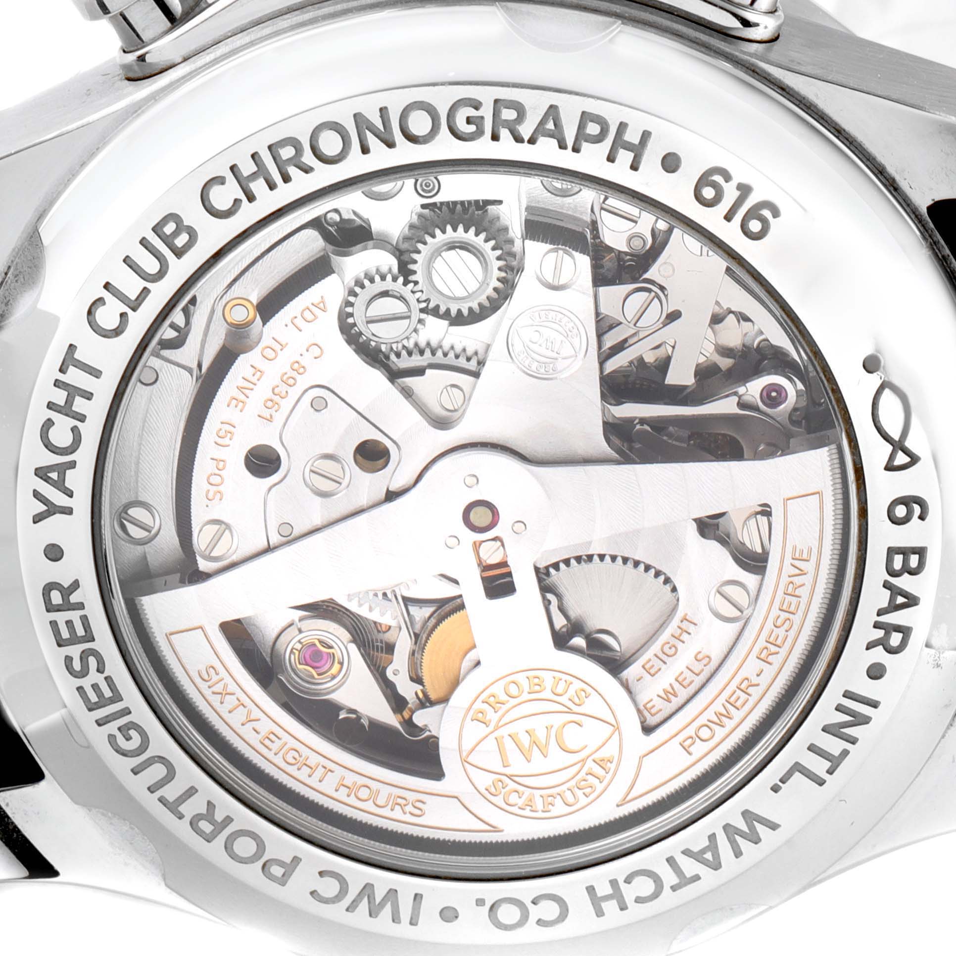 The image shows the backside of an IWC Portuguese IW390507 Men's Stainless Steel Blue Dial IW390507 Men's Stainless Steel Blue Dial Yacht Club Chronograph watch, revealing its intricate movement and internal mechanisms.