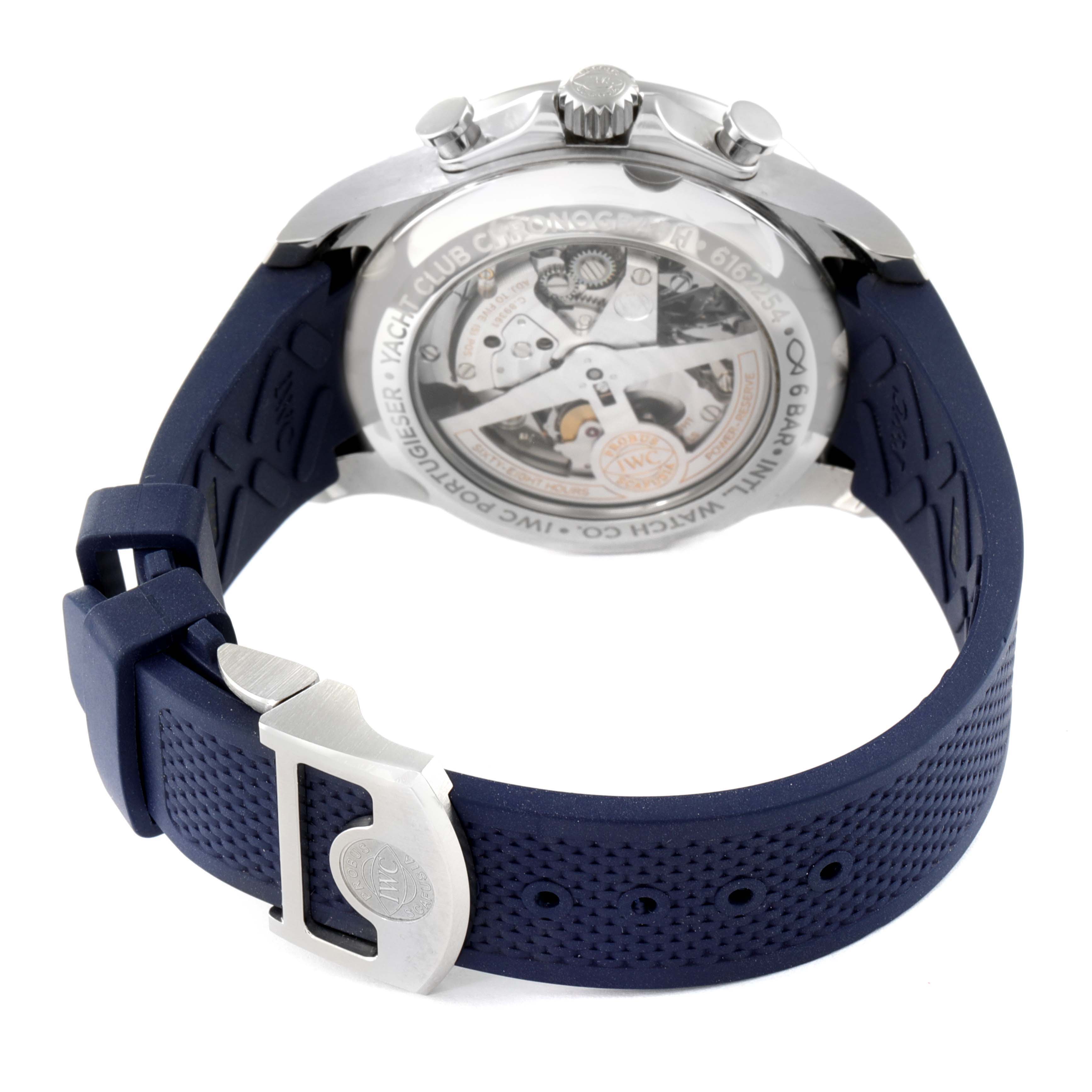 The image shows the back view of the IWC Portuguese IW390507 Men's Stainless Steel Blue Dial IW390507 Men's Stainless Steel Blue Dial model watch, highlighting the case back, strap, and clasp.