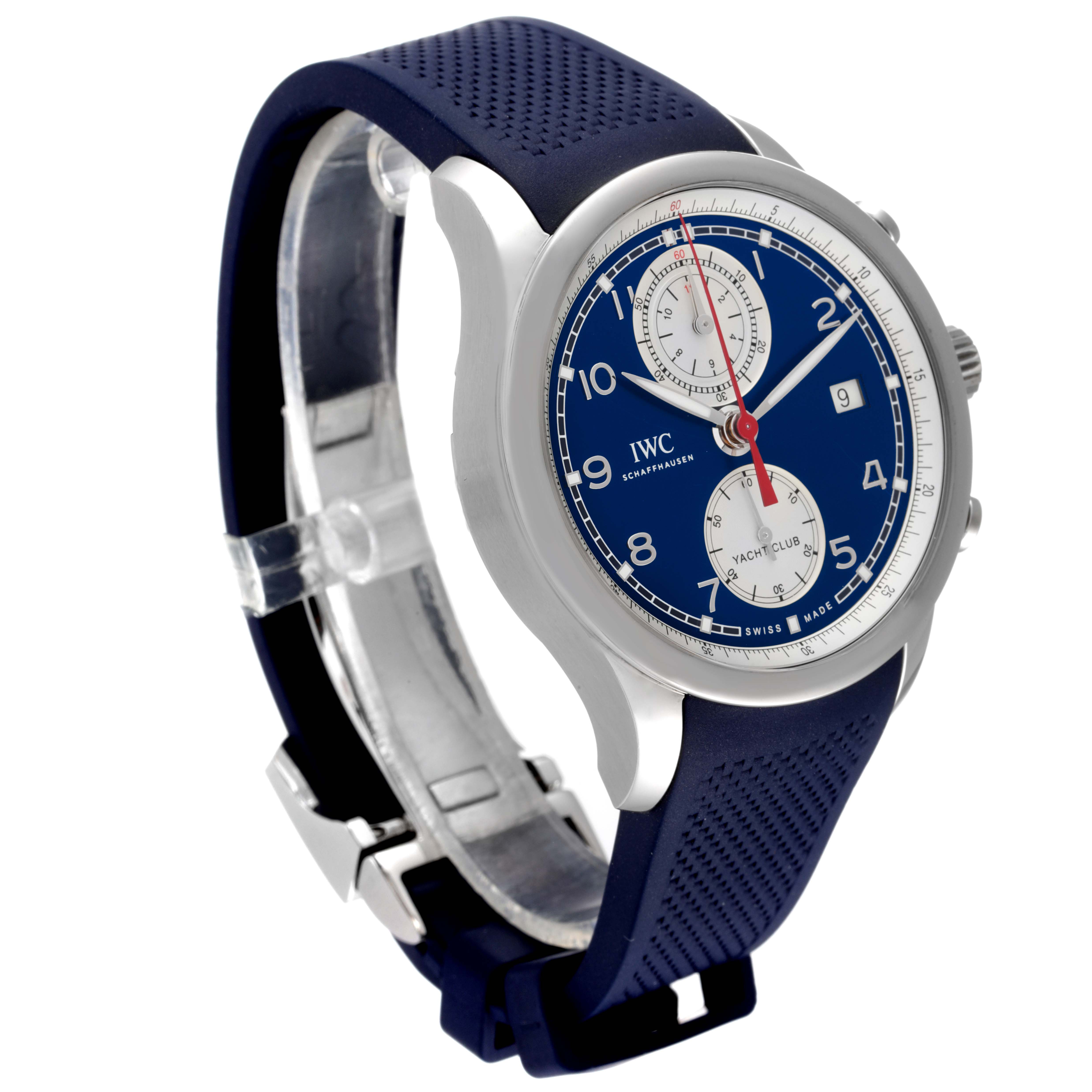 The IWC Portuguese IW390507 Men's Stainless Steel Blue Dial IW390507 Men's Stainless Steel Blue Dial watch is shown at an angle, highlighting the face, side buttons, and strap.