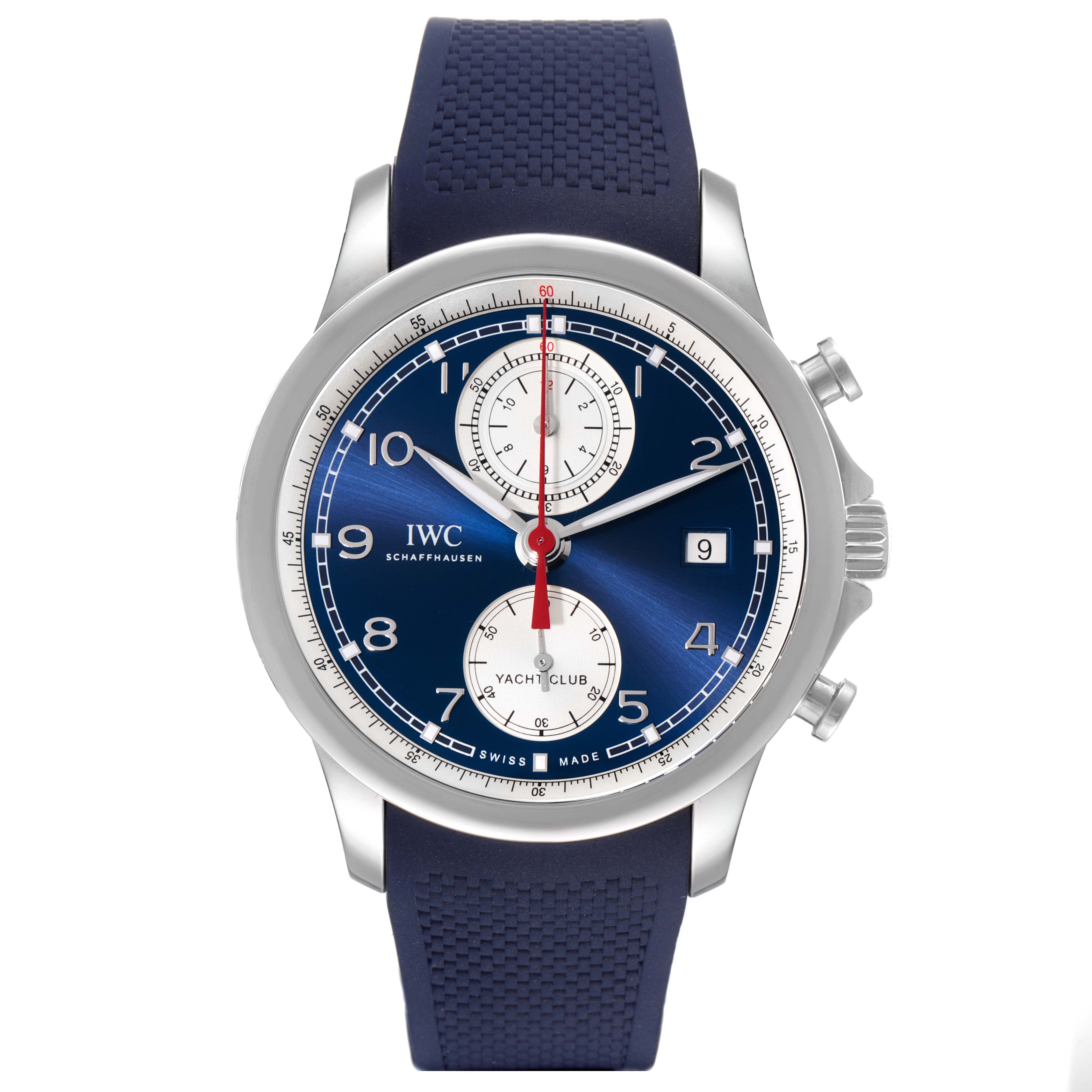 This image shows a front view of an IWC Portuguese IW390507 Men's Stainless Steel Blue Dial IW390507 Men's Stainless Steel Blue Dial Yacht Club watch with a blue dial and strap.