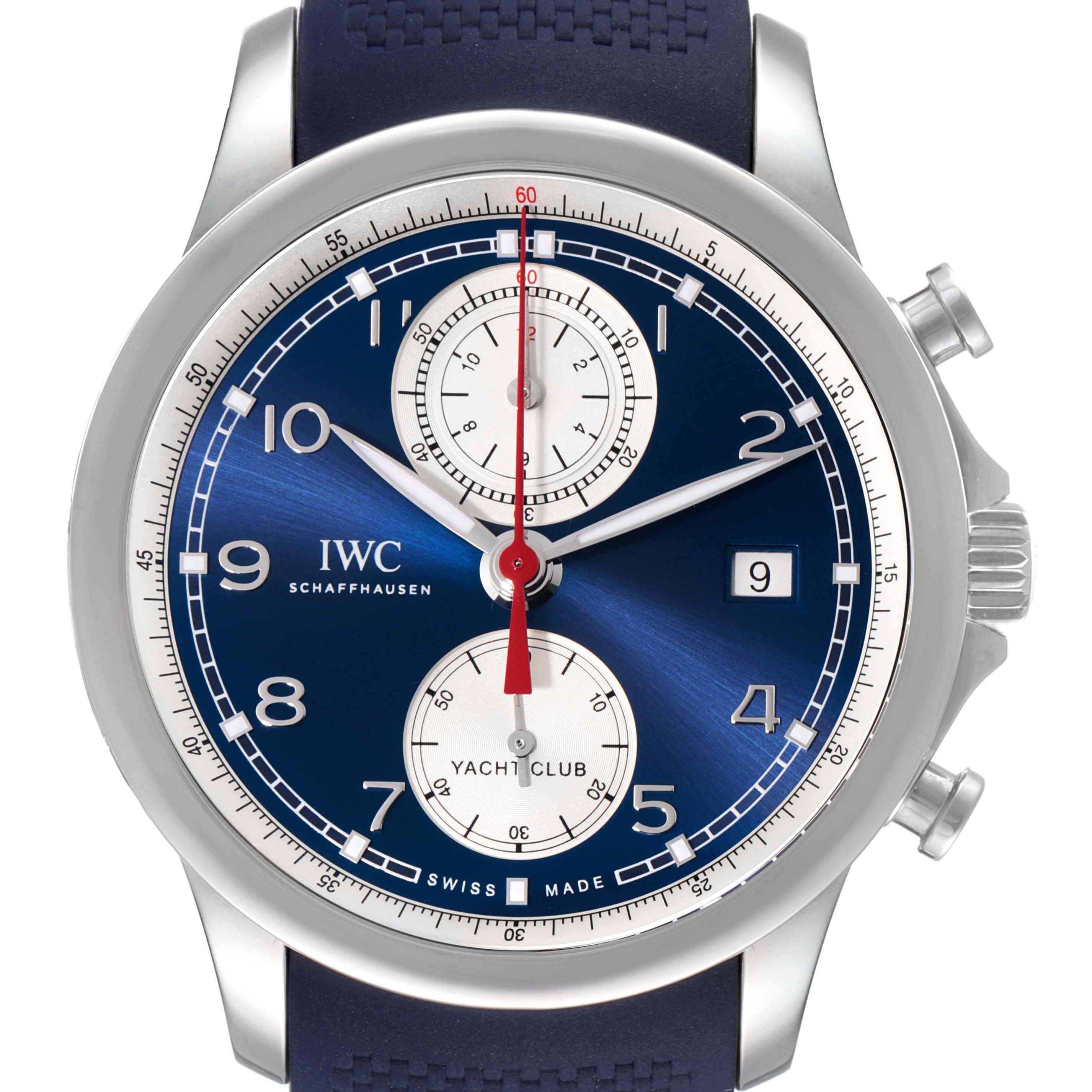 The image shows a front view of an IWC Portuguese IW390507 Men's Stainless Steel Blue Dial IW390507 Men's Stainless Steel Blue Dial Yacht Club Chronograph watch, highlighting the dial, hands, and subdials.
