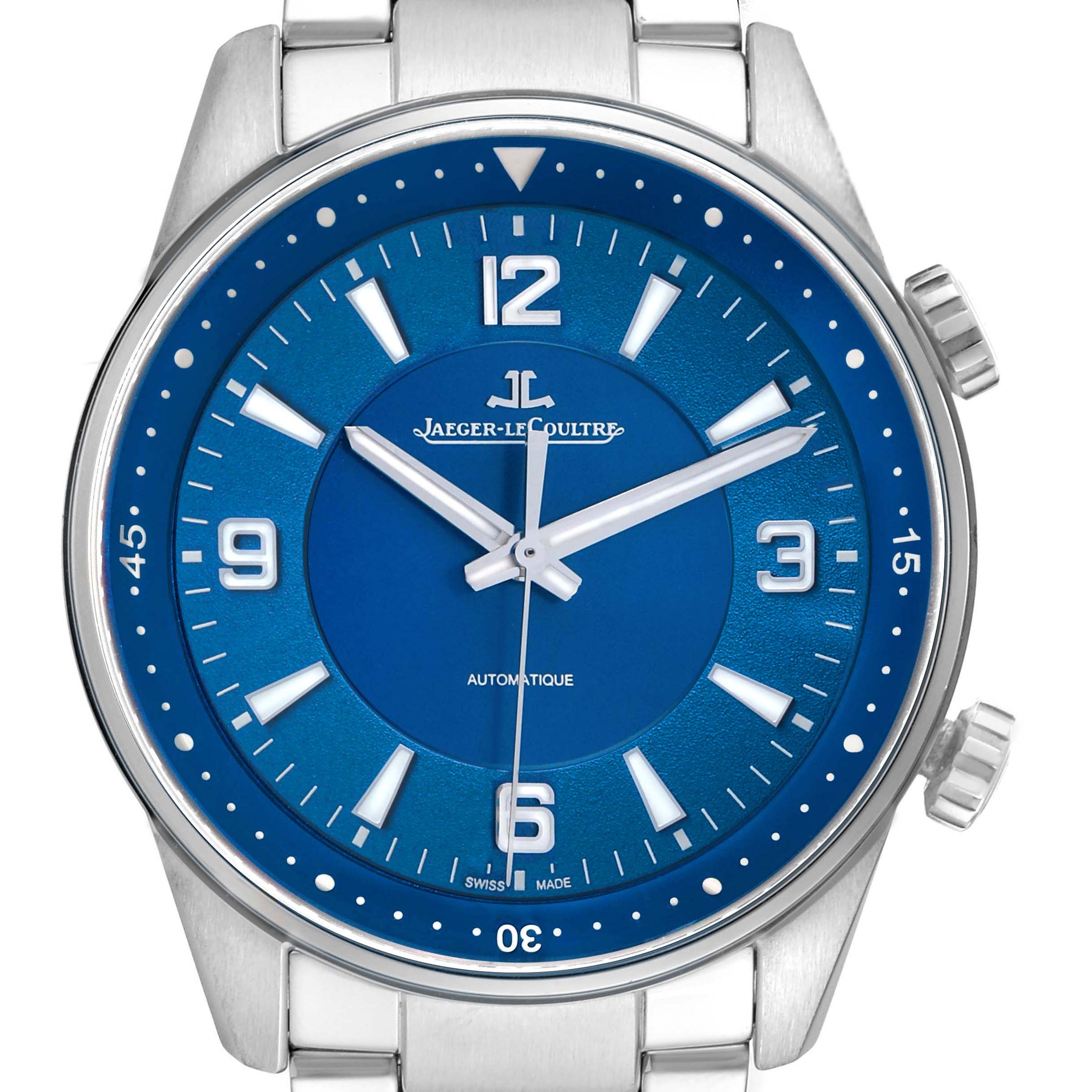 The Jaeger LeCoultre Polaris Q9008180 Men's Stainless Steel Blue Dial watch is shown from the front, displaying its blue dial, indices, and stainless steel case.