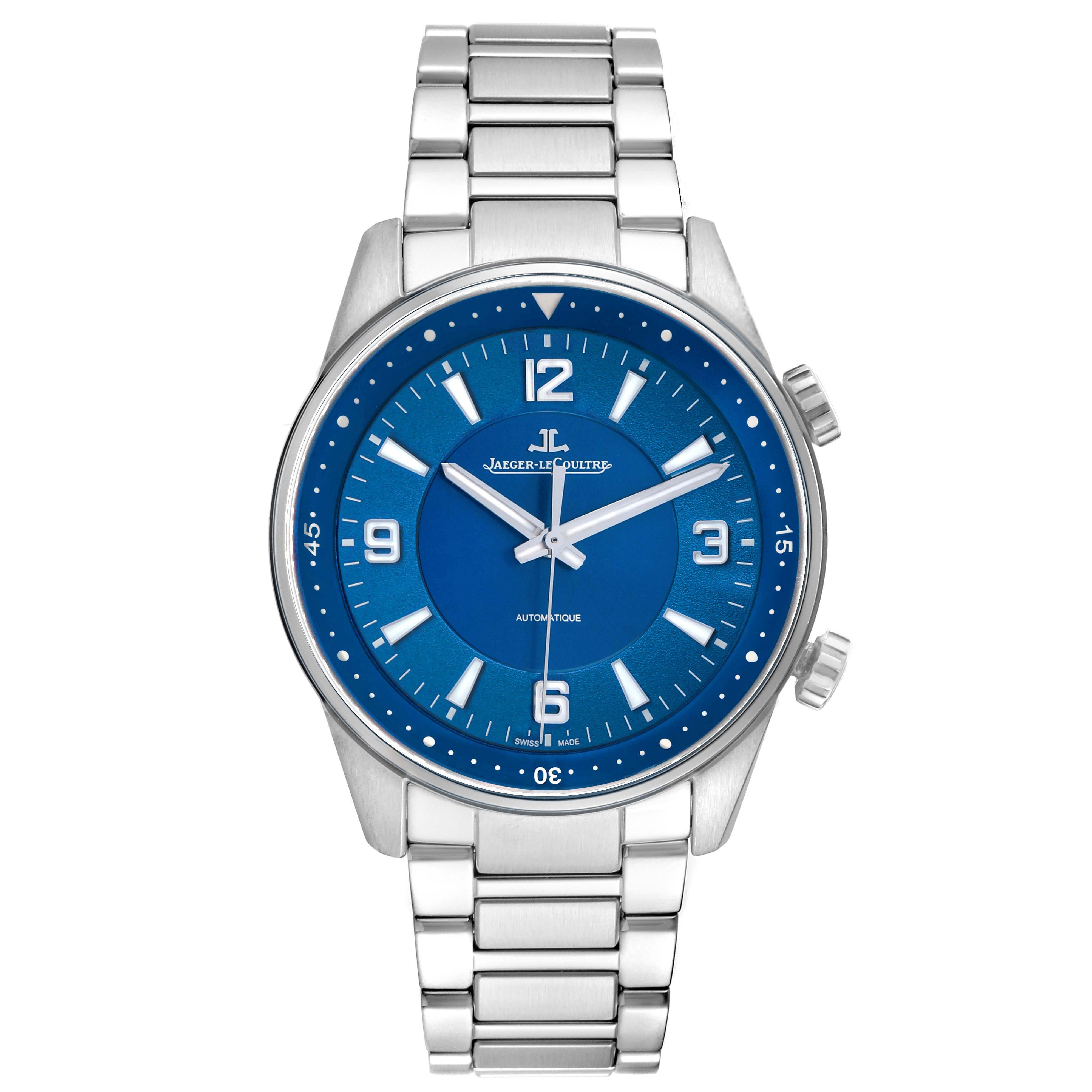 The Jaeger LeCoultre Polaris Q9008180 Men's Stainless Steel Blue Dial watch is shown from a front angle, highlighting its blue dial, metal bracelet, and dual crowns.