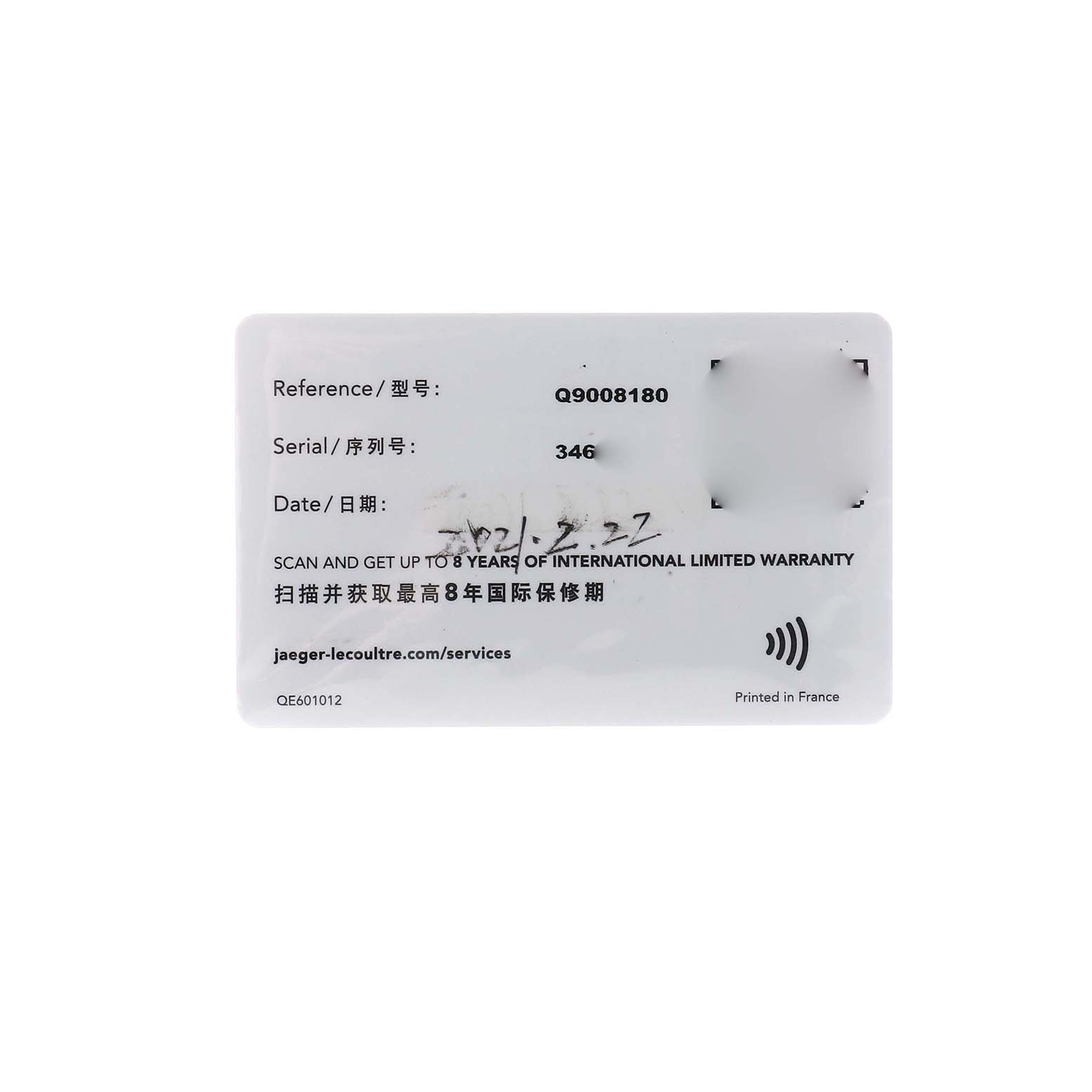 This image shows a warranty card for the Jaeger LeCoultre Polaris Q9008180 Men's Stainless Steel Blue Dial model, displaying reference and serial numbers.