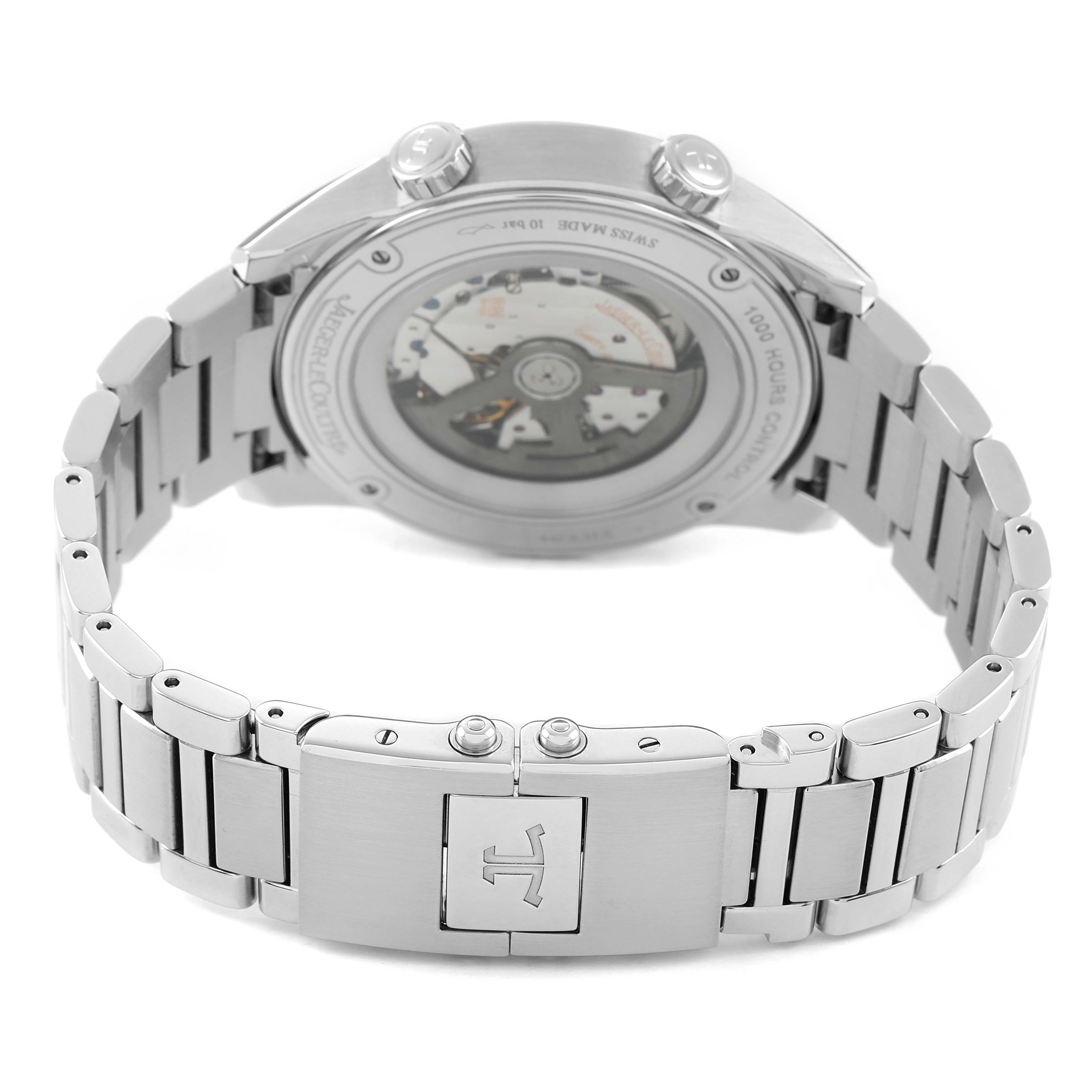 The image shows the back of a Jaeger LeCoultre Polaris Q9008180 Men's Stainless Steel Blue Dial watch, highlighting the stainless steel bracelet and the transparent case back.