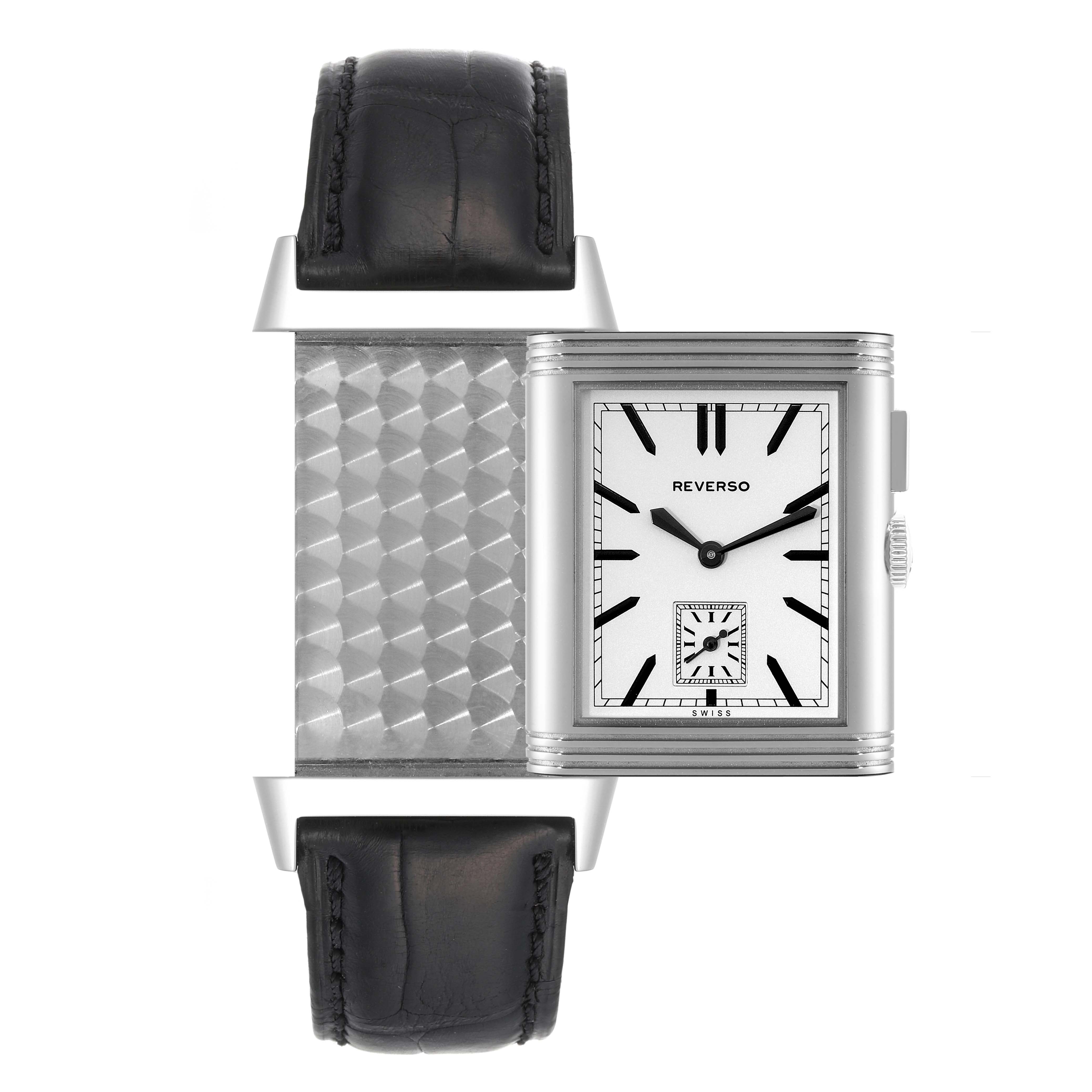 This image shows the front and reverse sides of the Jaeger LeCoultre Reverso Q3788570 Men
s Stainless Steel Silver Dial Q3788570 Men
s Stainless Steel Silver Dial watch with its strap.