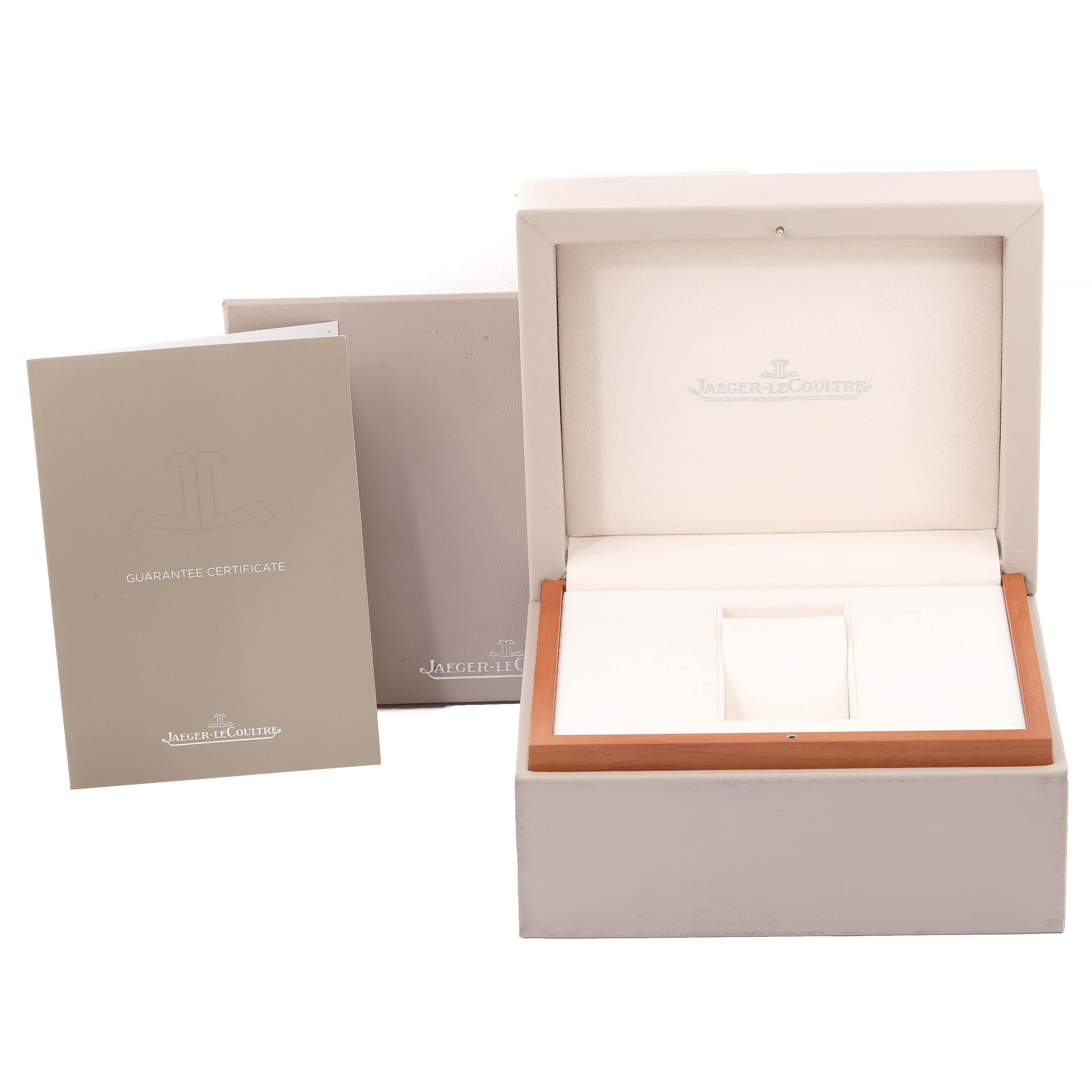 This image shows an empty Jaeger LeCoultre Reverso Q3788570 Men
s Stainless Steel Silver Dial Q3788570 Men
s Stainless Steel Silver Dial watch box and guarantee certificate from a front-facing angle.