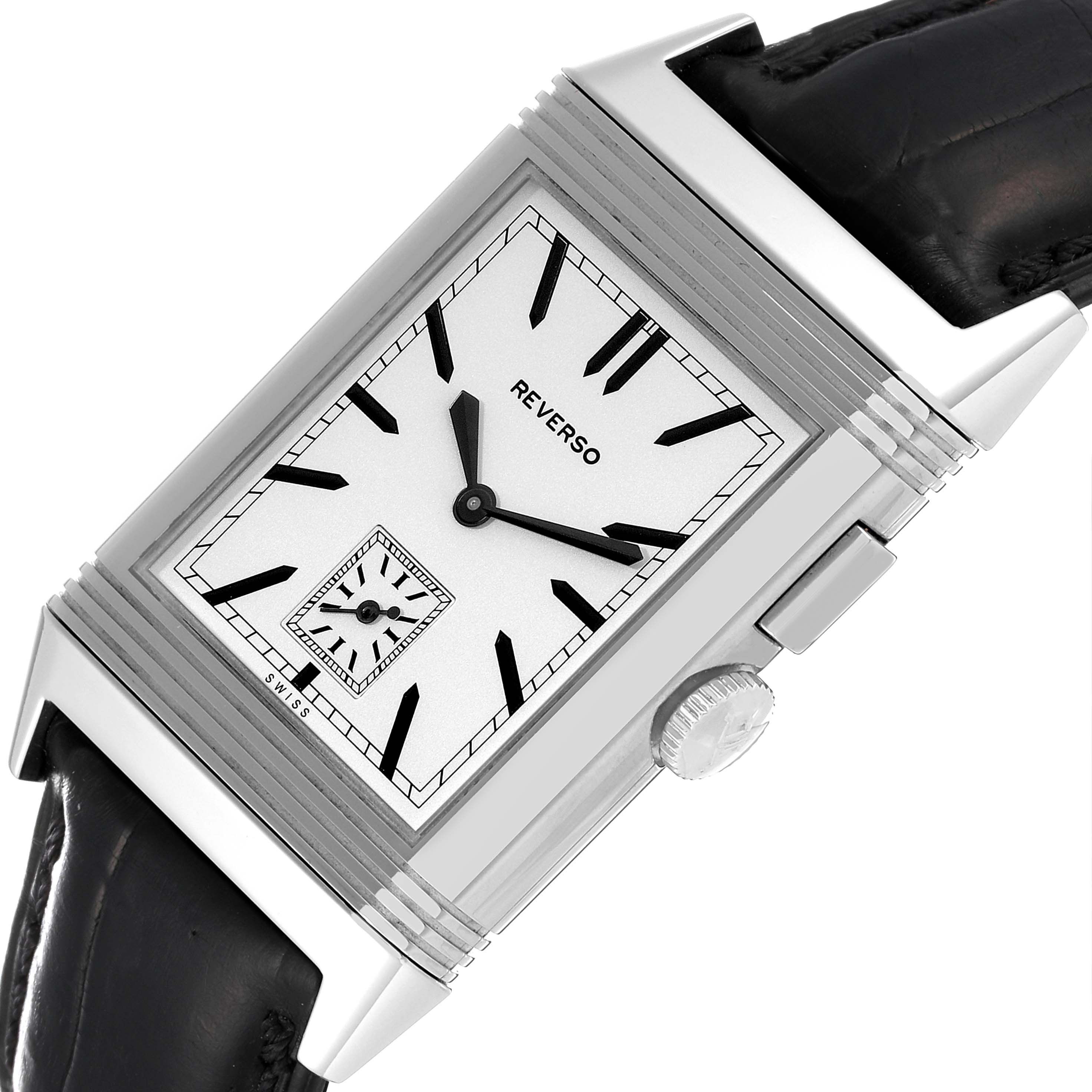The image shows a close-up angled view of the Jaeger LeCoultre Reverso Q3788570 Men
s Stainless Steel Silver Dial Q3788570 Men
s Stainless Steel Silver Dial watch, highlighting its dial, crown, and leather strap.