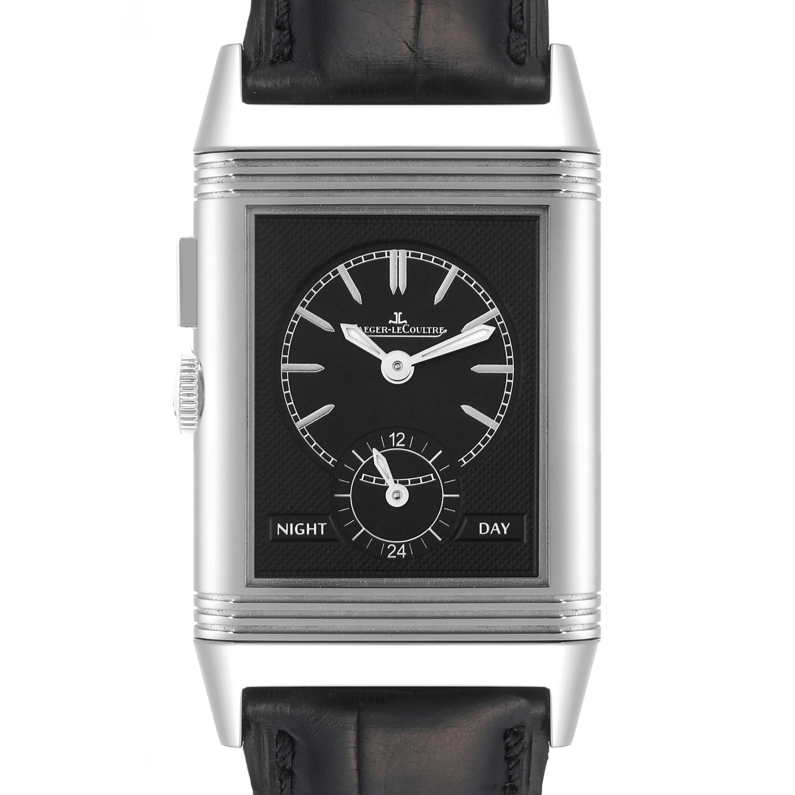 This is a front view of a Jaeger LeCoultre Reverso Q3788570 Men
s Stainless Steel Silver Dial Q3788570 Men
s Stainless Steel Silver Dial watch showing its rectangular dial, straps, and some crown details.