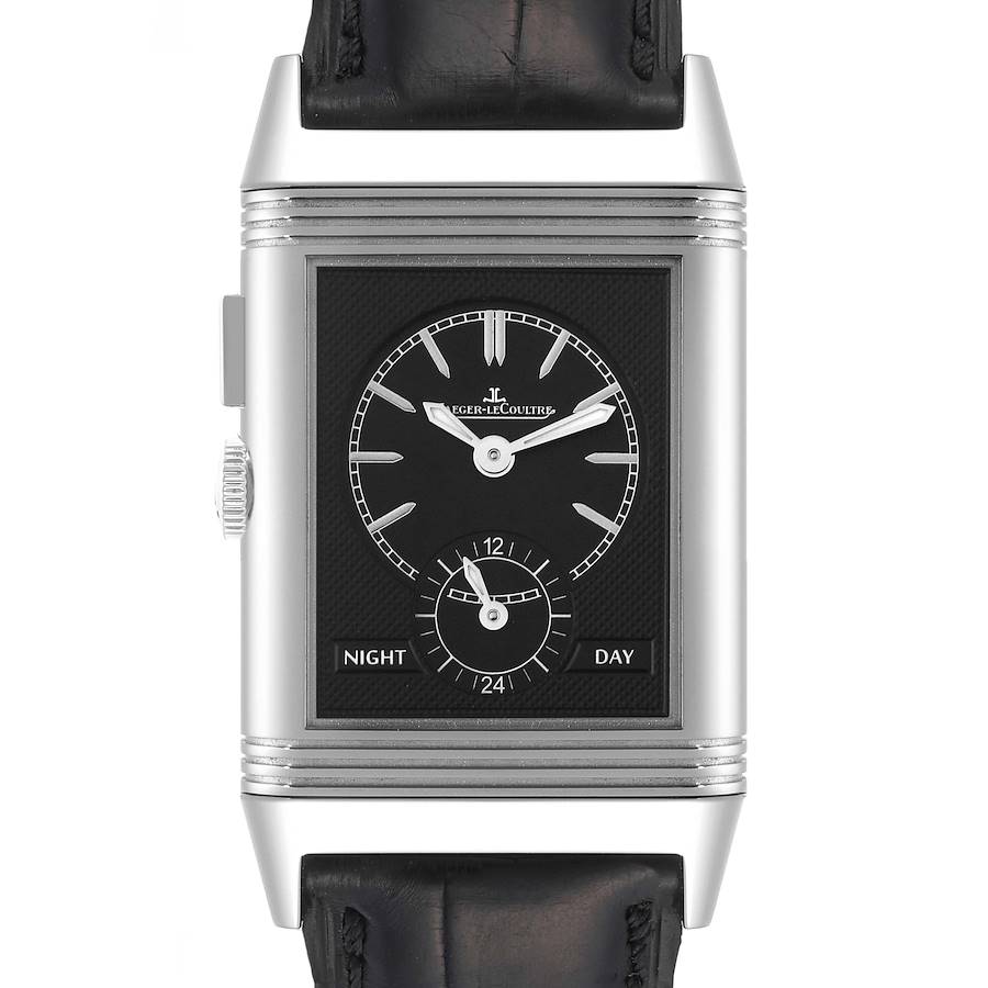 This is a front view of a Jaeger LeCoultre Reverso watch showing its rectangular dial, straps, and some crown details.