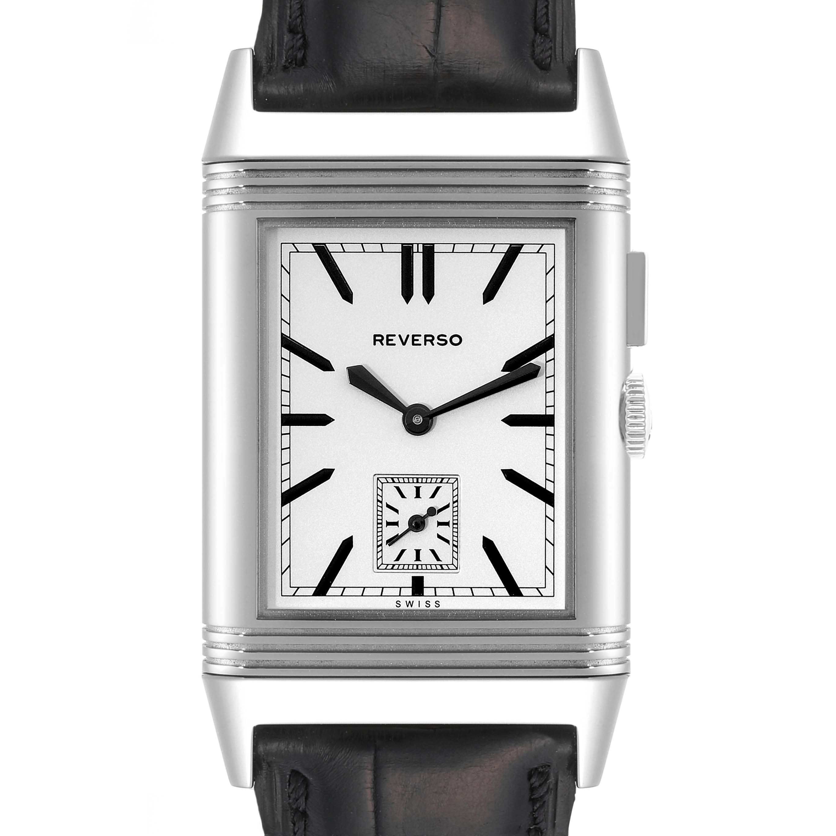 The image shows a front view of a Jaeger-LeCoultre Reverso watch, highlighting its rectangular dial and black leather strap.