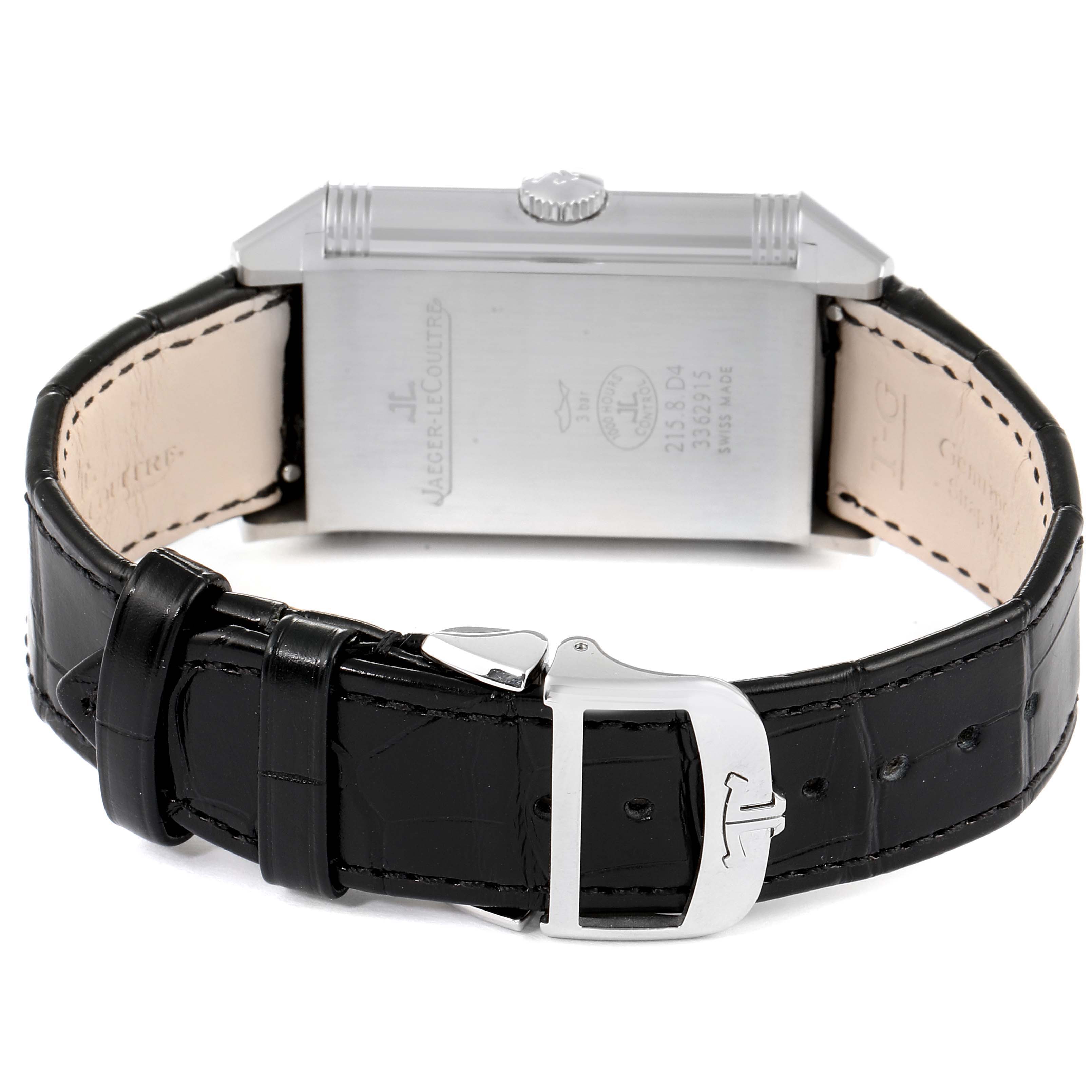 The image shows the back view of a Jaeger LeCoultre Reverso Q3848420 Men's Stainless Steel Silver Dial Q3848420 Men's Stainless Steel Silver Dial watch, highlighting the case back, crown, and black leather strap with a buckle.