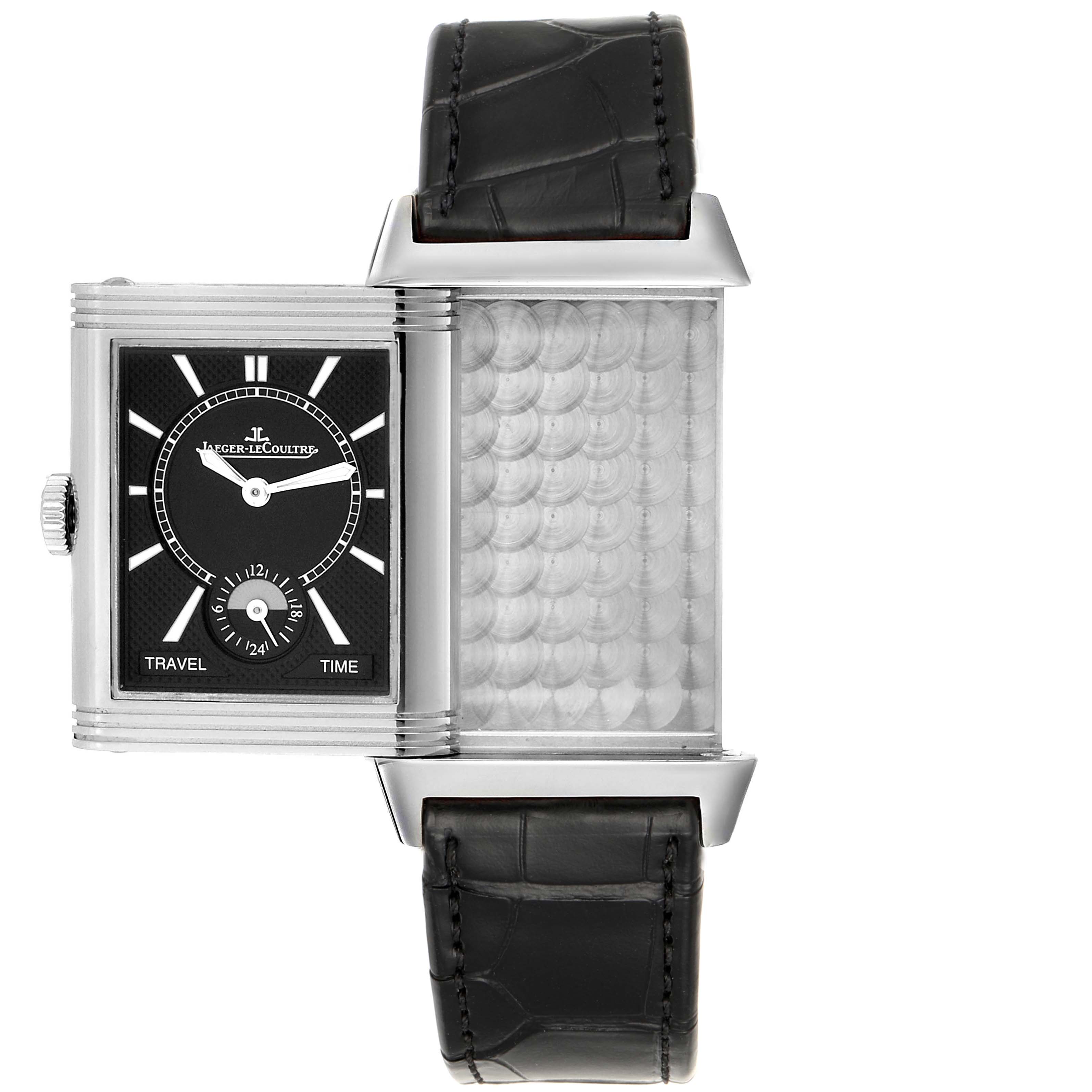 The Jaeger LeCoultre Reverso Q3848420 Men's Stainless Steel Silver Dial Q3848420 Men's Stainless Steel Silver Dial watch is shown from the front and halfway through its reversible mechanism.