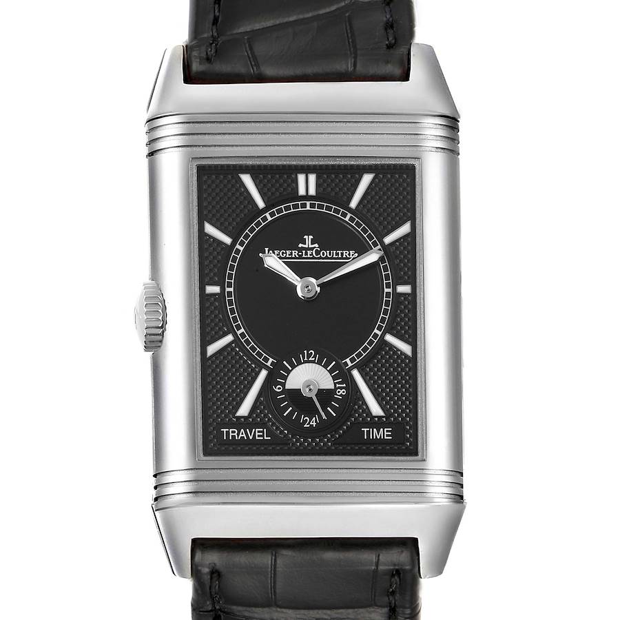 This image shows a front view of a Jaeger-LeCoultre Reverso model watch, highlighting its rectangular face and time display.