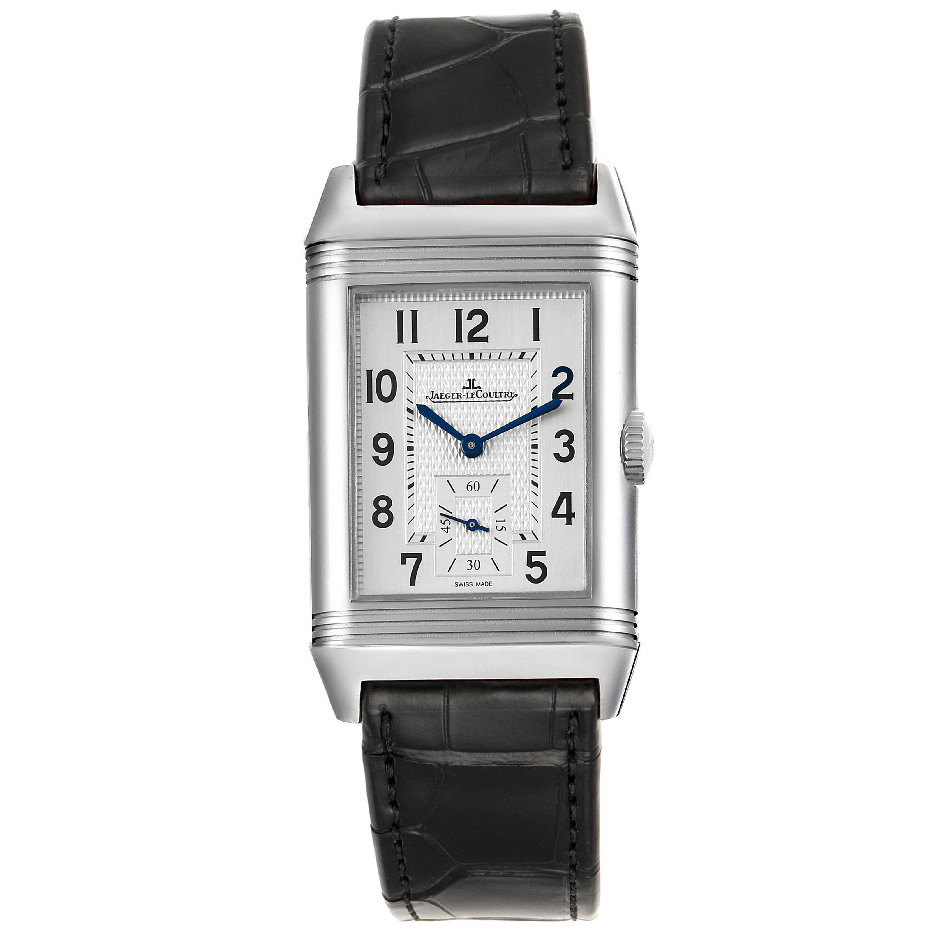 The image shows a front view of a Jaeger LeCoultre Reverso Q3848420 Men's Stainless Steel Silver Dial Q3848420 Men's Stainless Steel Silver Dial watch with a black leather strap and rectangular silver case.