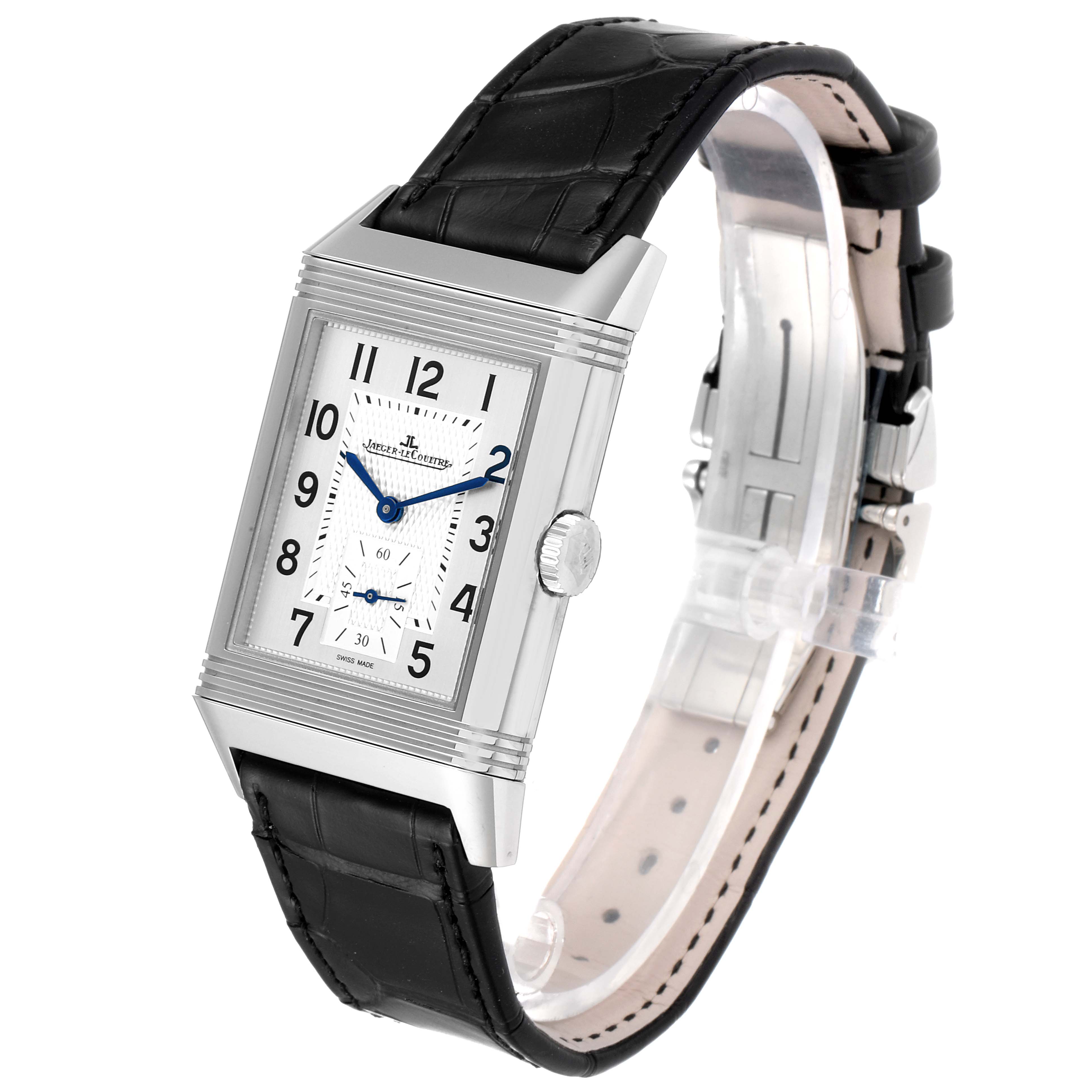 The image shows a Jaeger LeCoultre Reverso Q3848420 Men's Stainless Steel Silver Dial Q3848420 Men's Stainless Steel Silver Dial watch at a three-quarter angle, highlighting its rectangular face and black leather strap.