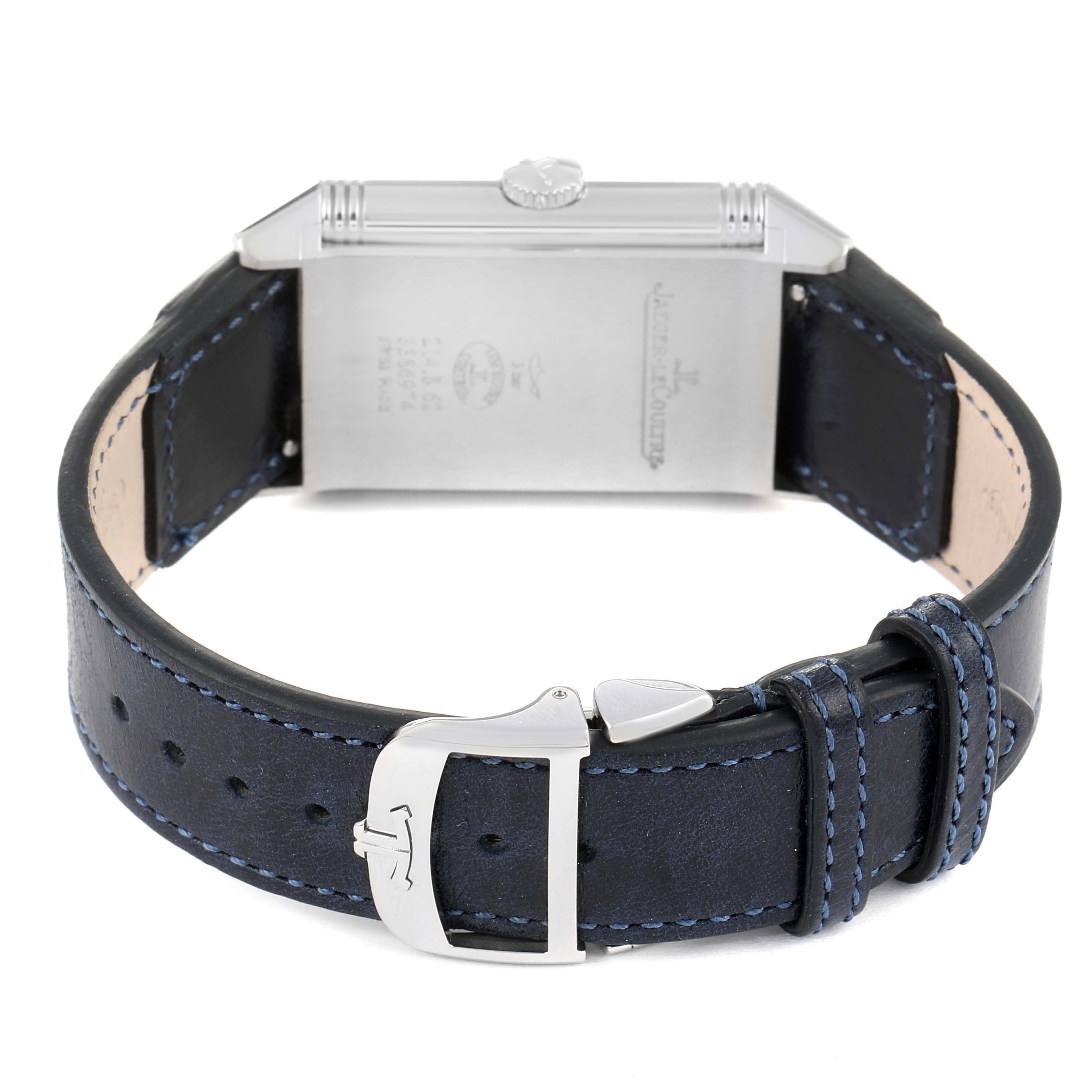 This image shows the back view of a Jaeger LeCoultre Reverso Q3978480 Men's Stainless Steel Blue Dial Q3978480 Men's Stainless Steel Blue Dial watch, including the strap and buckle.